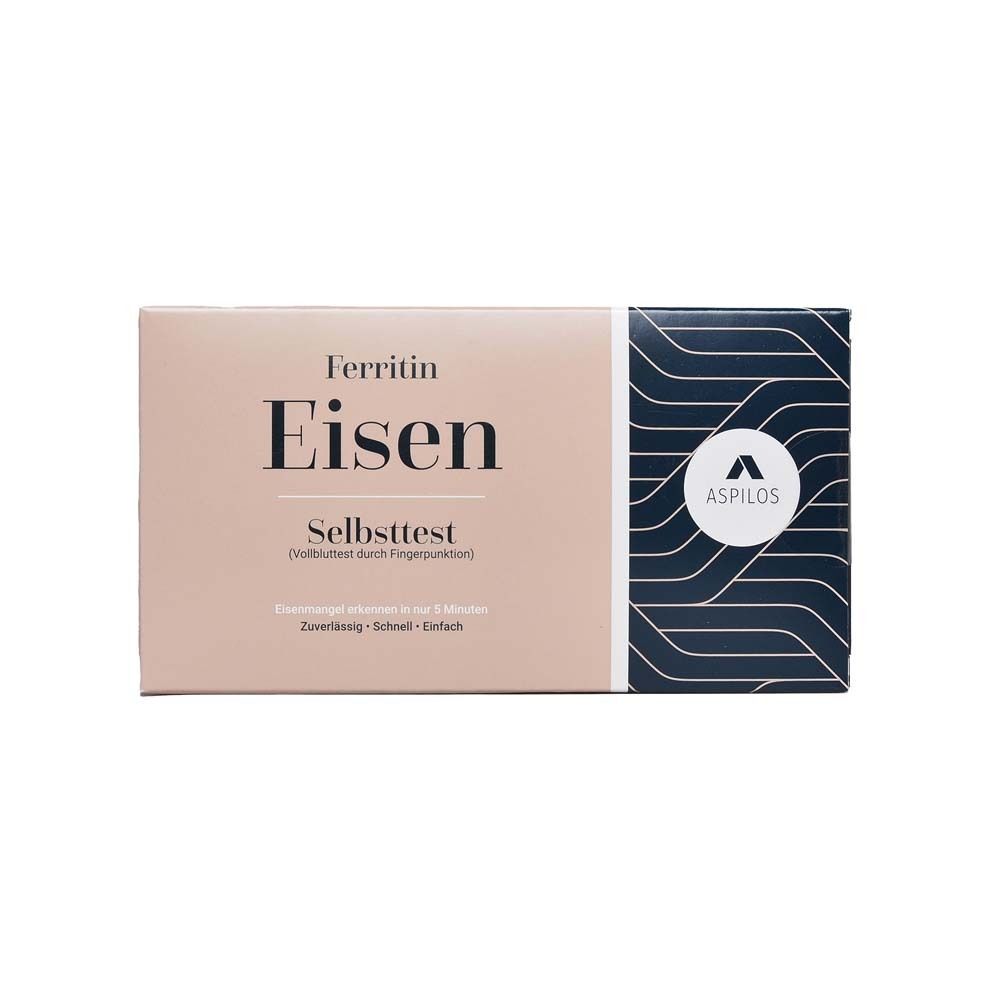 Beige productverpakking met tekst "Eisen Selbsttest". Blauwe doos met logo. Tekst: "Ferritin".