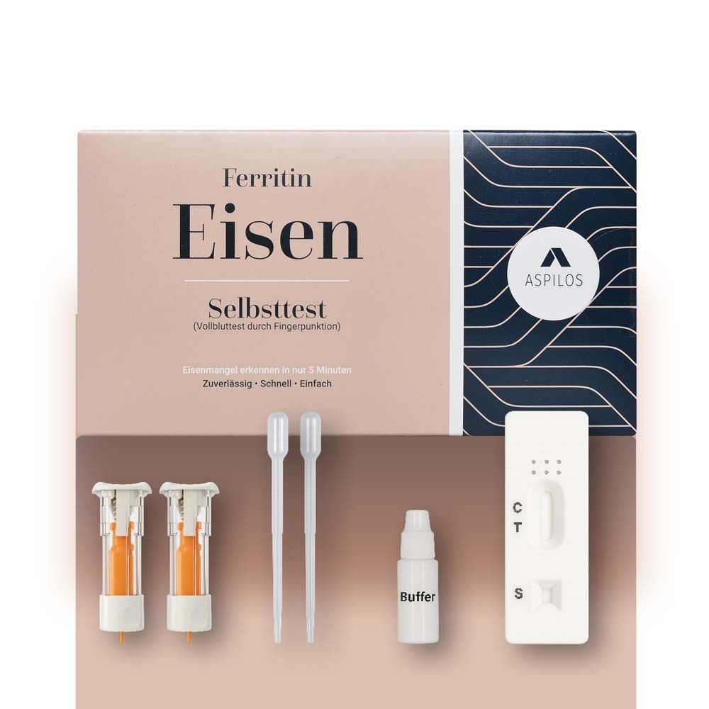 Productverpakking met testkit componenten: lancetten, pipetten, bufferoplossing, testcassette. Tekst: "Ferritin Eisen Selbsttest".