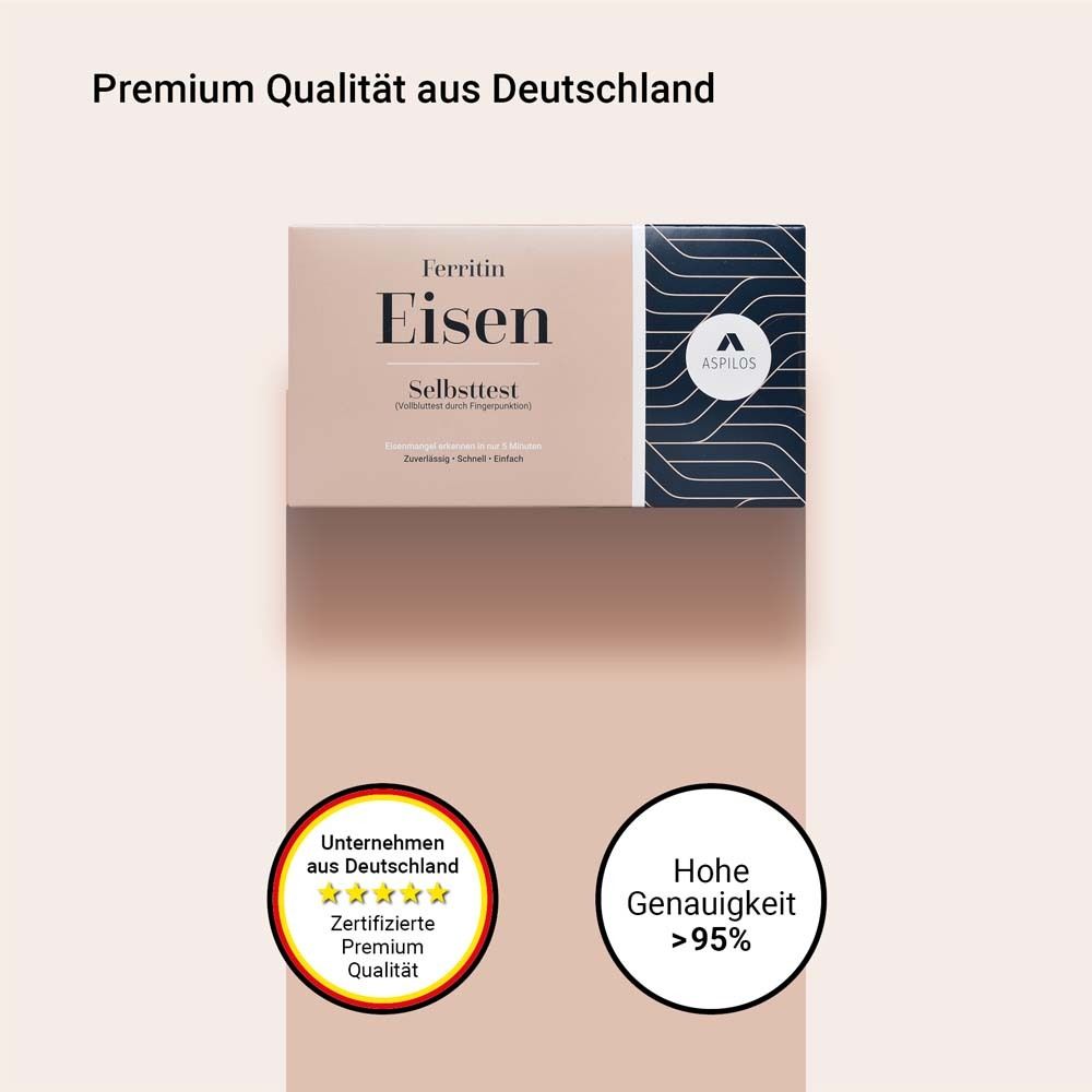 Productverpakking met logo en tekst: "Ferritin Eisen Selbsttest". Tekst: Gecertificeerde premium kwaliteit. Hoge nauwkeurigheid >95%.