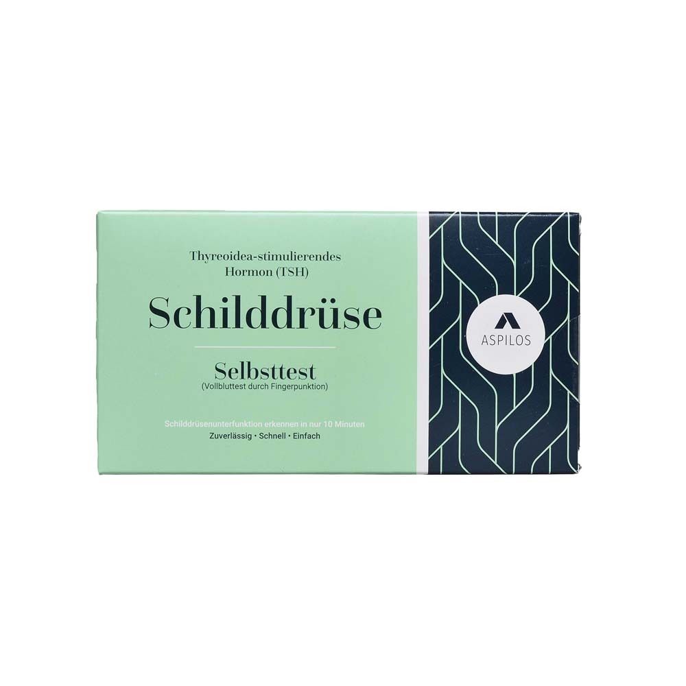 Lichtgroene doos met tekst "Schilddrüse Selbsttest". Logo "ASPILOS" rechts. Tekst: Thyreoïd-stimulerend hormoon (TSH).