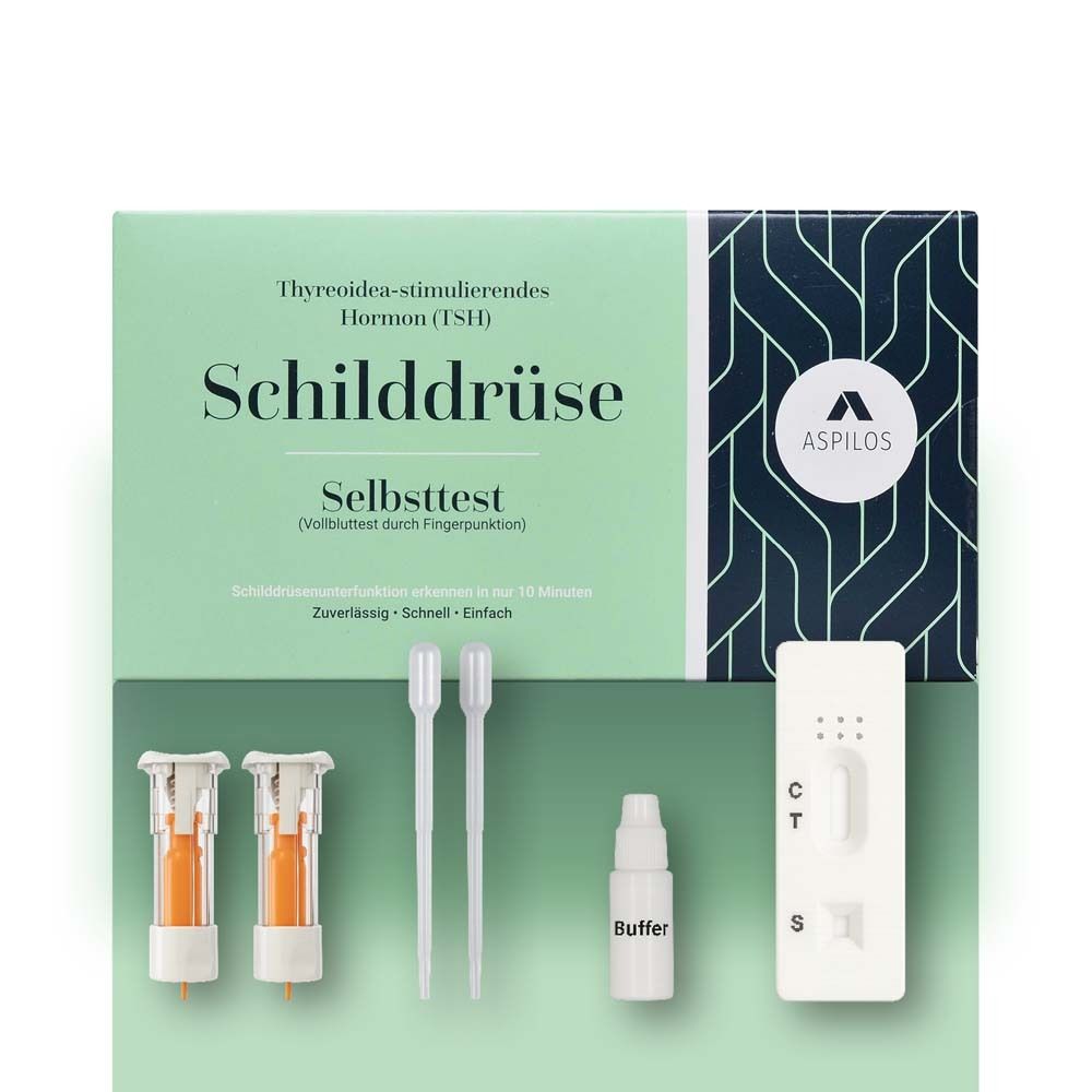 Testkit met testcassette, lancetten, pipetten en bufferoplossing. Tekst "Schilddrüse Selbsttest". Logo "ASPILOS".