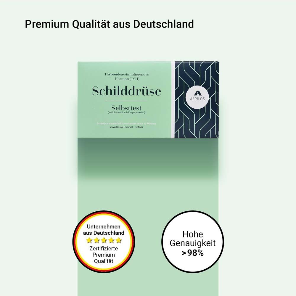 Productverpakking met tekst "Schilddrüse Selbsttest". Logo "ASPILOS". Gecertificeerde premium kwaliteit. Hoge nauwkeurigheid >98%.
