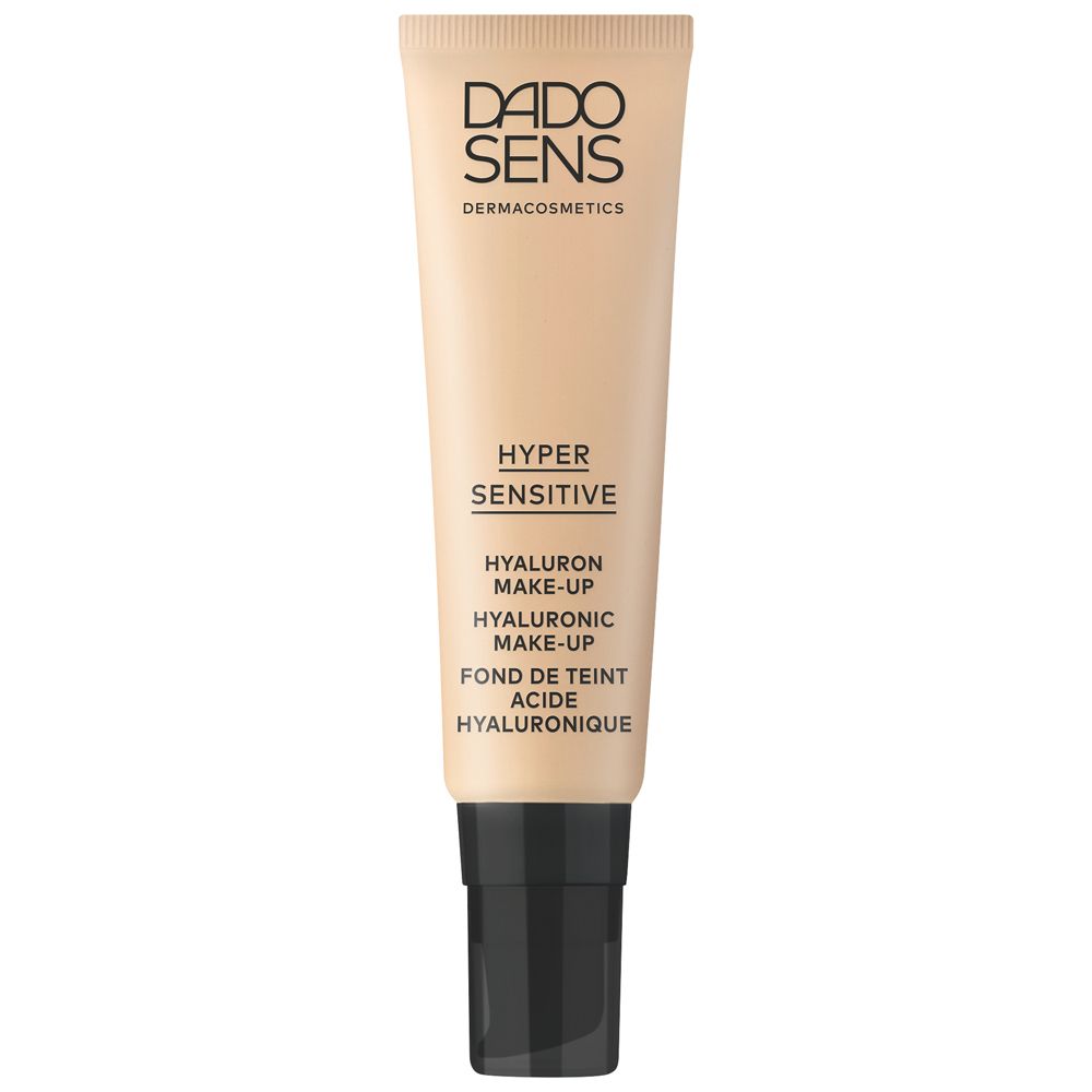 DADO SENS HYPERSENSITIVE Hyaluron Make-up tube. Beige, zwarte dop. Tekst: HYPER SENSITIVE, HYALURON MAKE-UP, HYALURONIC MAKE-UP.