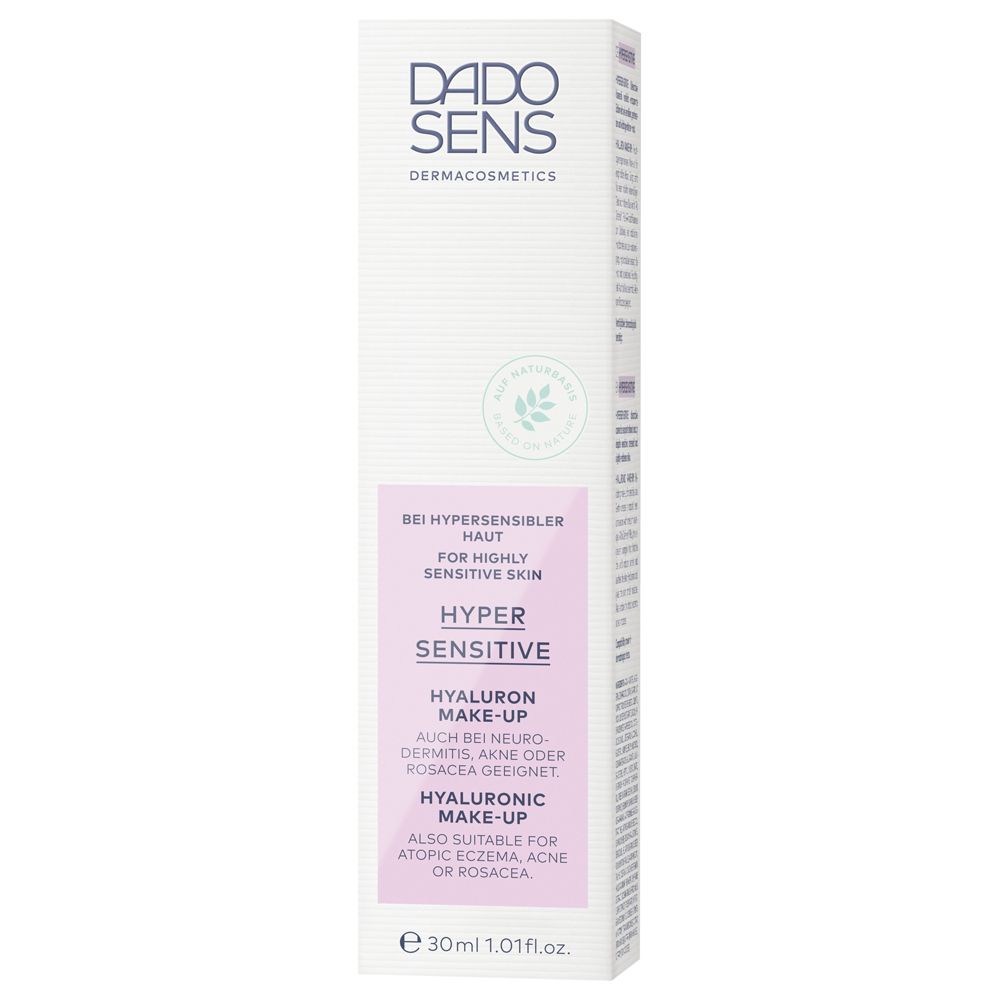 Verpakking DADO SENS HYPERSENSITIVE Hyaluron Make-up. Wit-roze, tekst: HYPER SENSITIVE, HYALURON MAKE-UP. Ook geschikt voor eczeem.