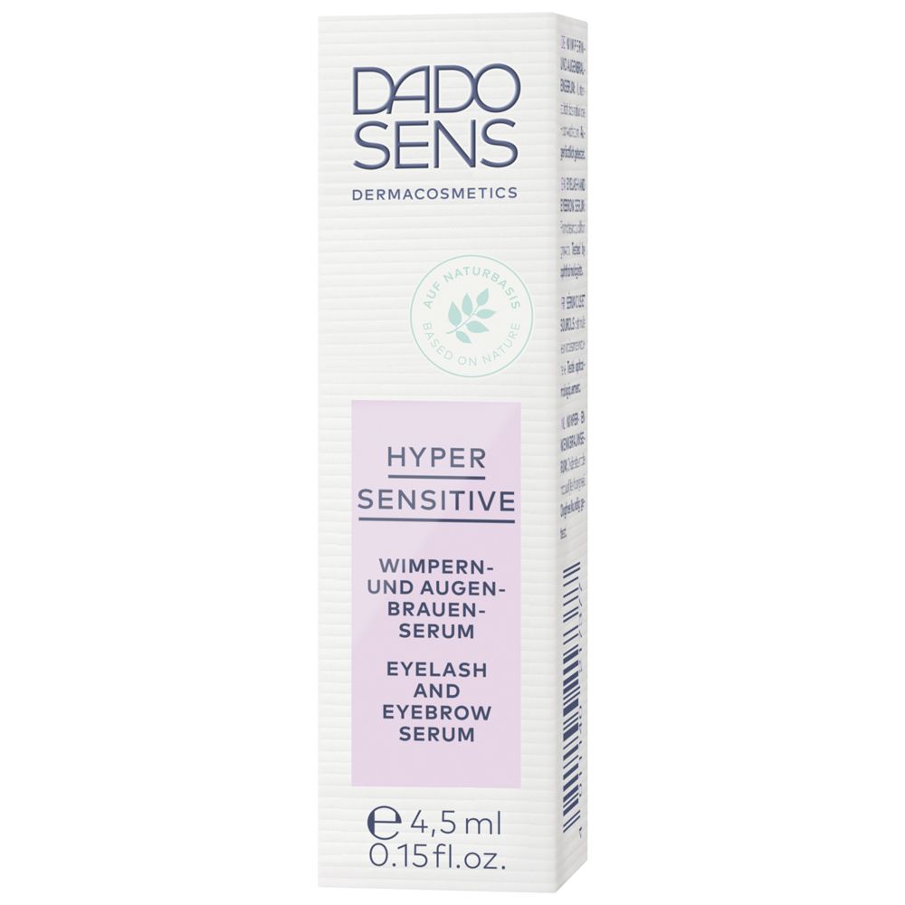 Kartonnen verpakking met productinformatie. Opschrift: DADO SENS, HYPER SENSITIVE, Wimper- en wenkbrauwserum, Eyelash and Eyebrow Serum.
