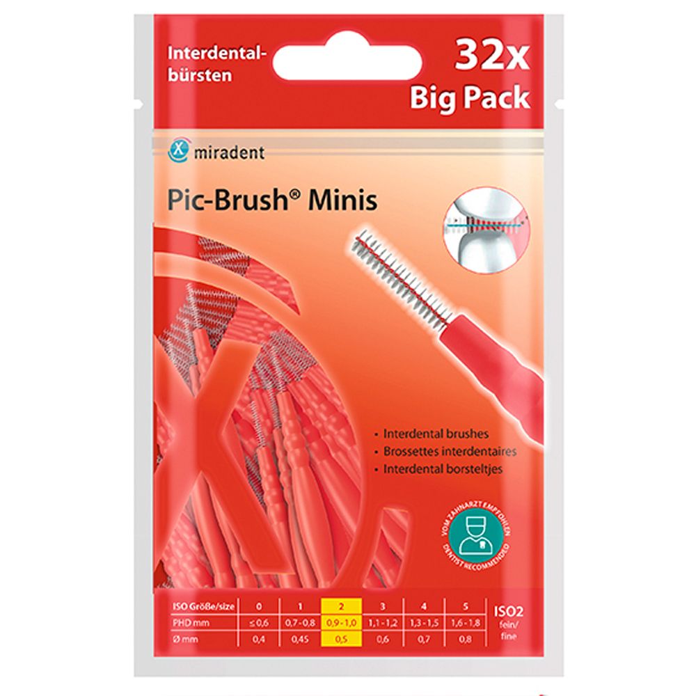 Verpakking met miradent Pic-Brush Minis. Bevat 32 interdentale borstels. Rode borstels in een transparante verpakking. ISO-maatindicaties.
