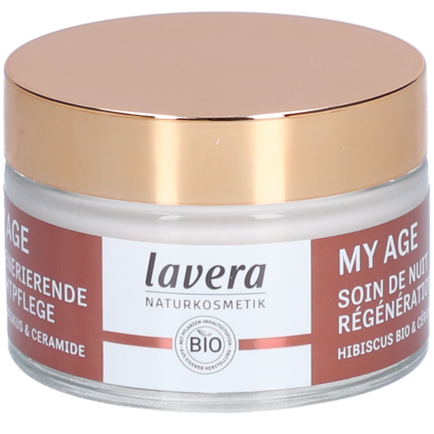 Pot de crème avec couvercle doré. Inscription : MY AGE Soin de nuit régénérant, Hibiscus & Céramides. Label : lavera Naturkosmetik.