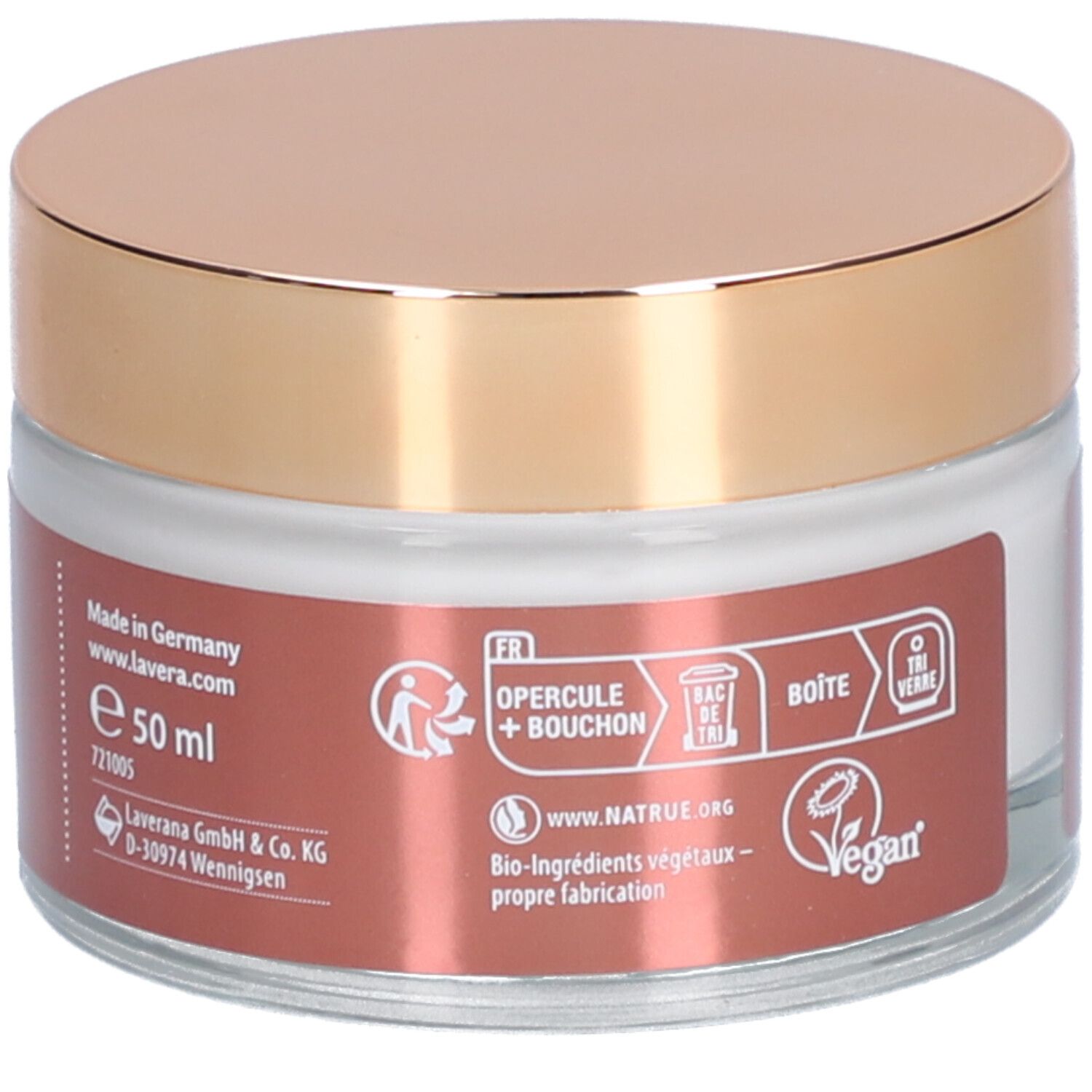 Pot de crème avec couvercle doré. Inscription : MY AGE Soin de nuit régénération, Bio-ingrédients végétaux. Logo vegan. 50 ml.