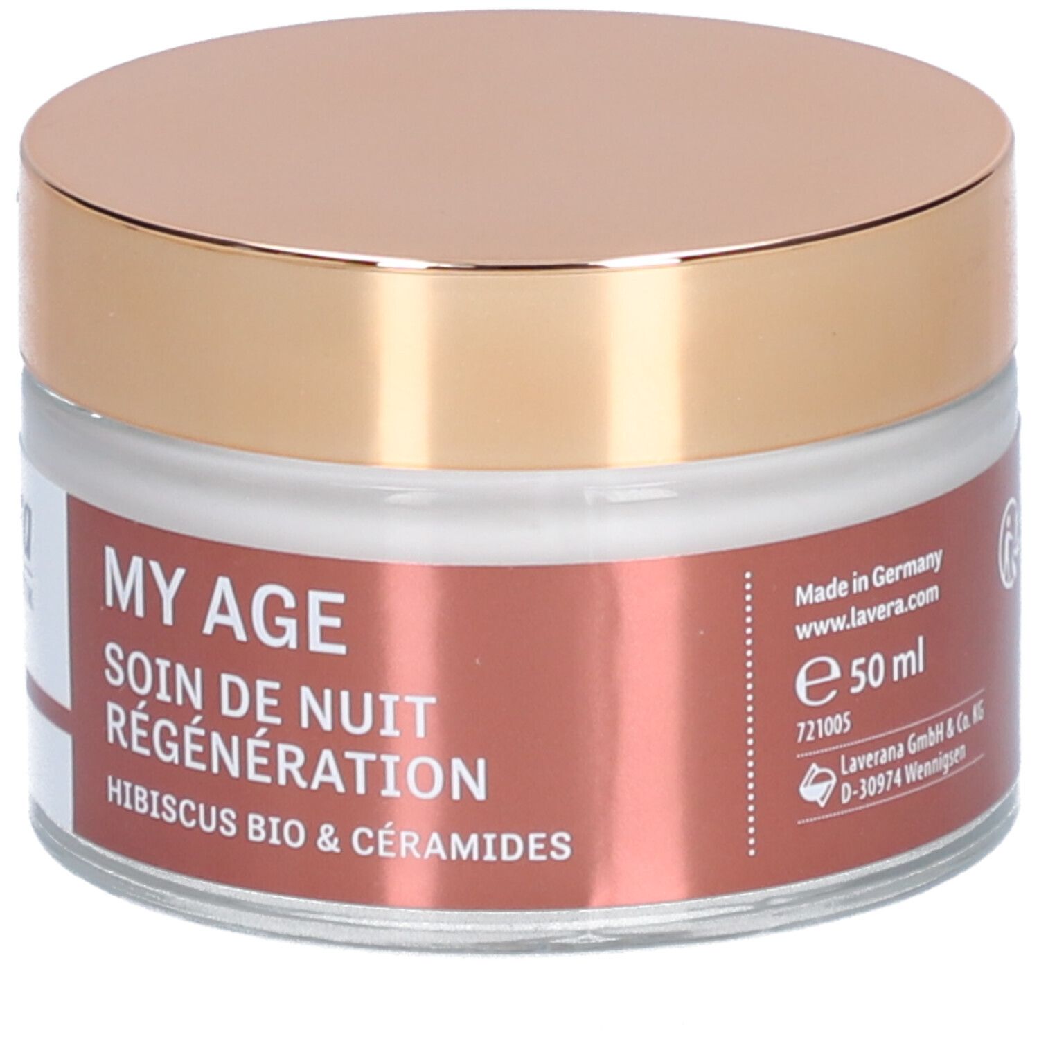 Pot de crème avec couvercle doré. Inscription : MY AGE Soin de nuit régénération, Hibiscus Bio & Céramides. 50 ml.