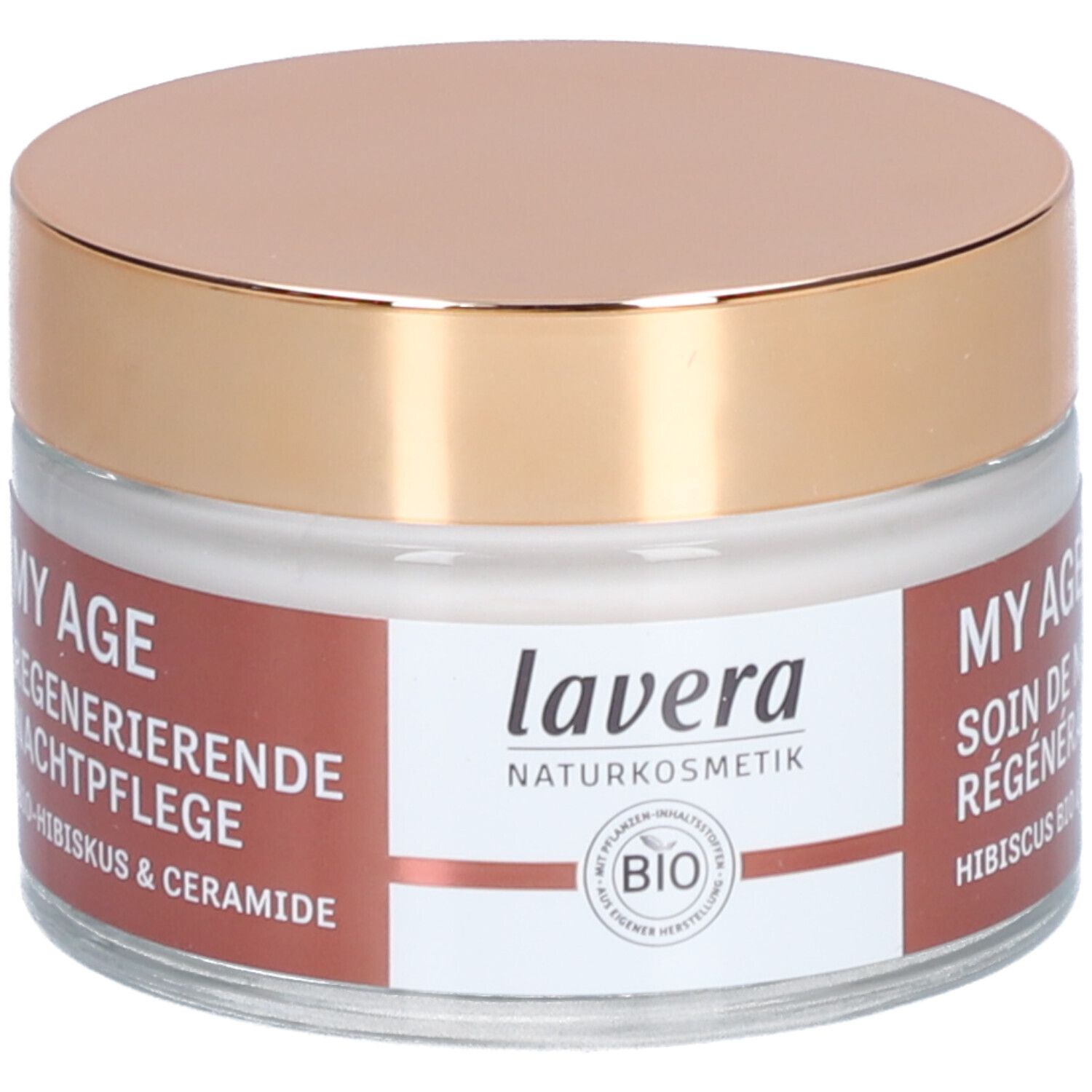 Pot de crème avec couvercle doré. Inscription : MY AGE Soin de nuit régénérant, Hibiscus & Céramides. Label : lavera Naturkosmetik.