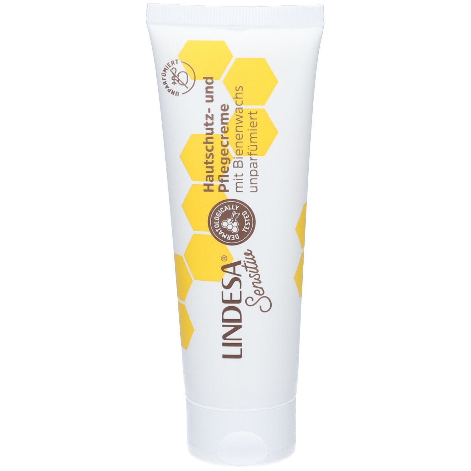 Tube blanche avec motif en nid d'abeilles jaune. Inscription : LINDESA Sensitiv, crème protectrice et soin. Avec labels de qualité.