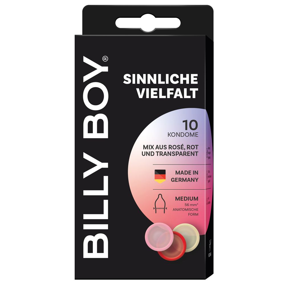 Boîte de 10 préservatifs Billy Boy, coloris rosé, rouge et transparent. Taille medium, forme anatomique. Fabriqué en Allemagne.