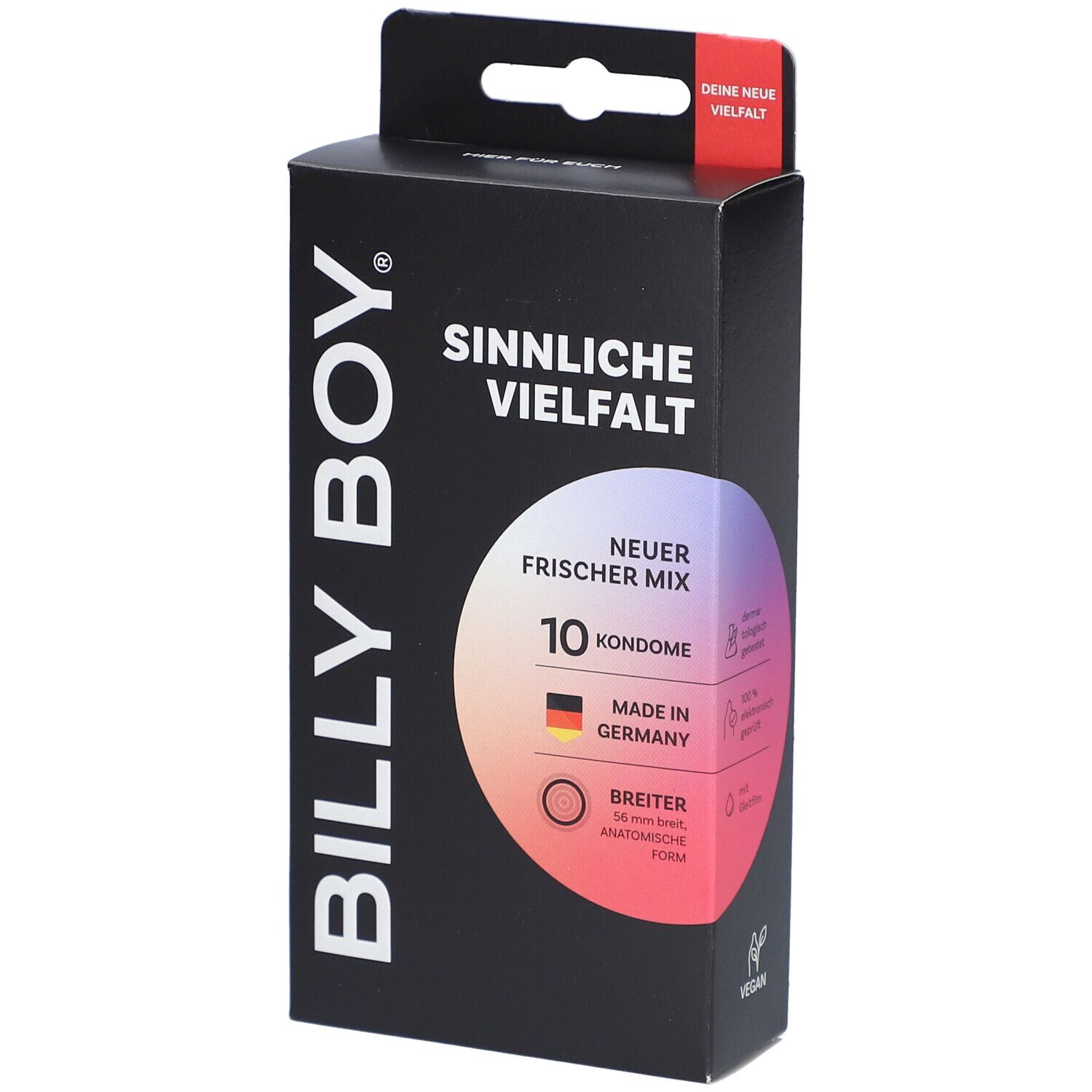Boîte de préservatifs Billy Boy, 10 pièces, "Nouveau Mix Frais", Fabriqué en Allemagne, forme anatomique large.
