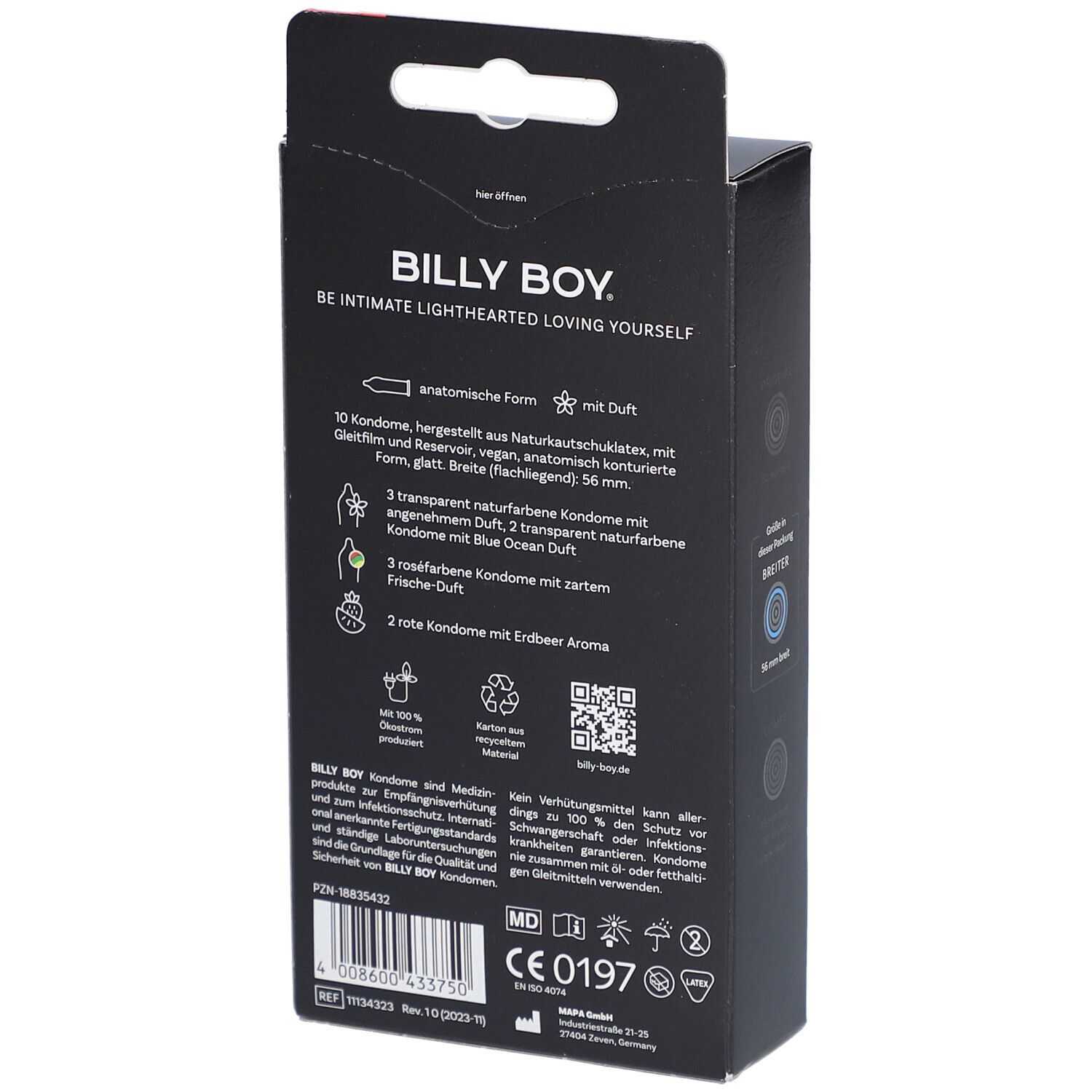 Boîte de 10 préservatifs Billy Boy: anatomiques, lisses, 56mm de large, parfumés. 3 transparents, 3 roses, 2 rouges.