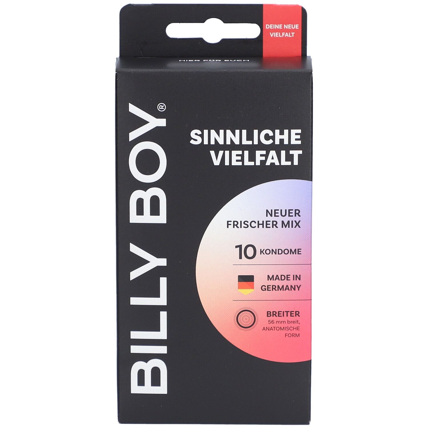 Boîte de 10 préservatifs Billy Boy, "Sinnliche Vielfalt", "Neuer Frischer Mix", Fabriqué en Allemagne, forme anatomique.