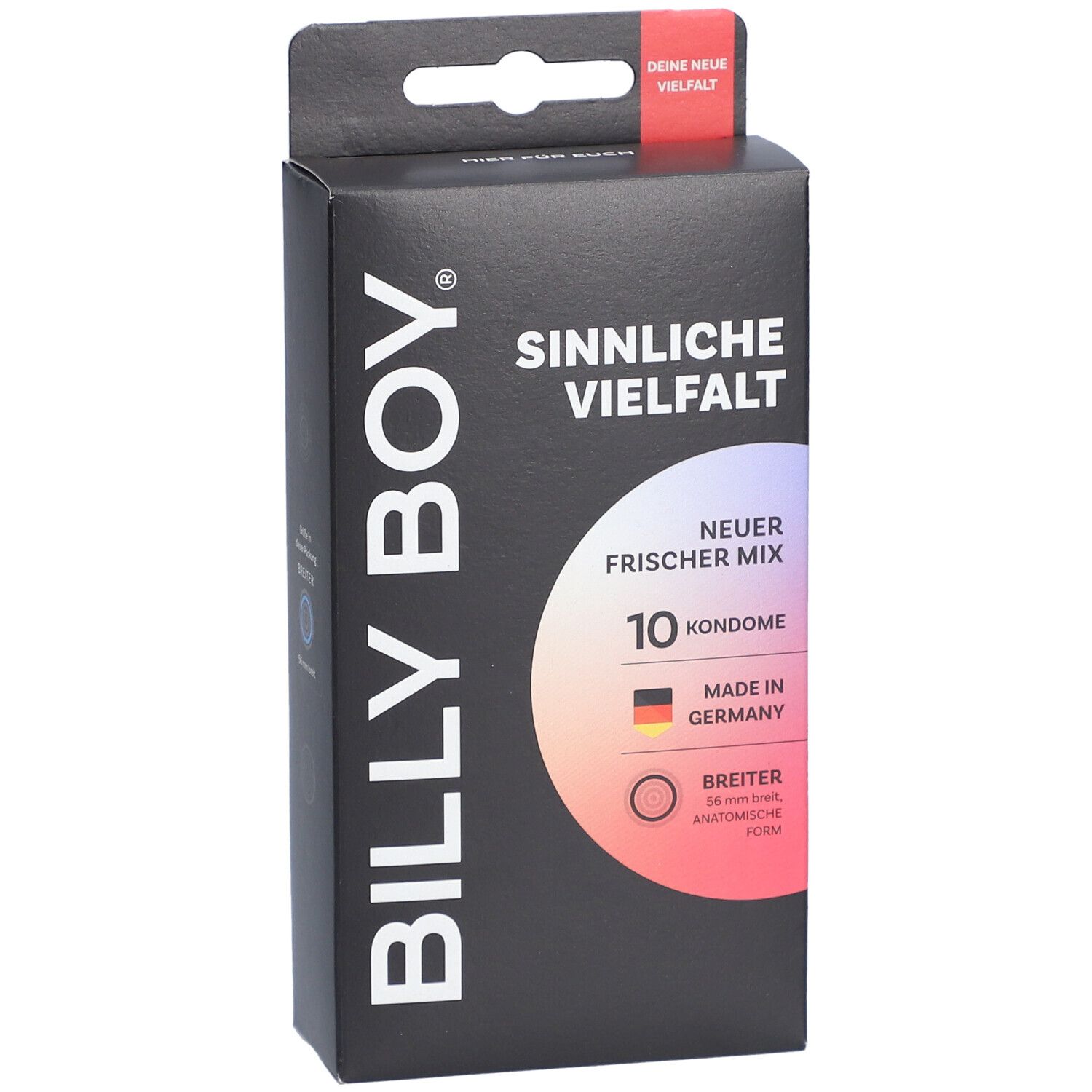 Boîte de 10 préservatifs, "Billy Boy Sinnliche Vielfalt", "Nouveau Mix Fraîcheur", "Large 56 mm", forme anatomique, Fabriqué en Allemagne.