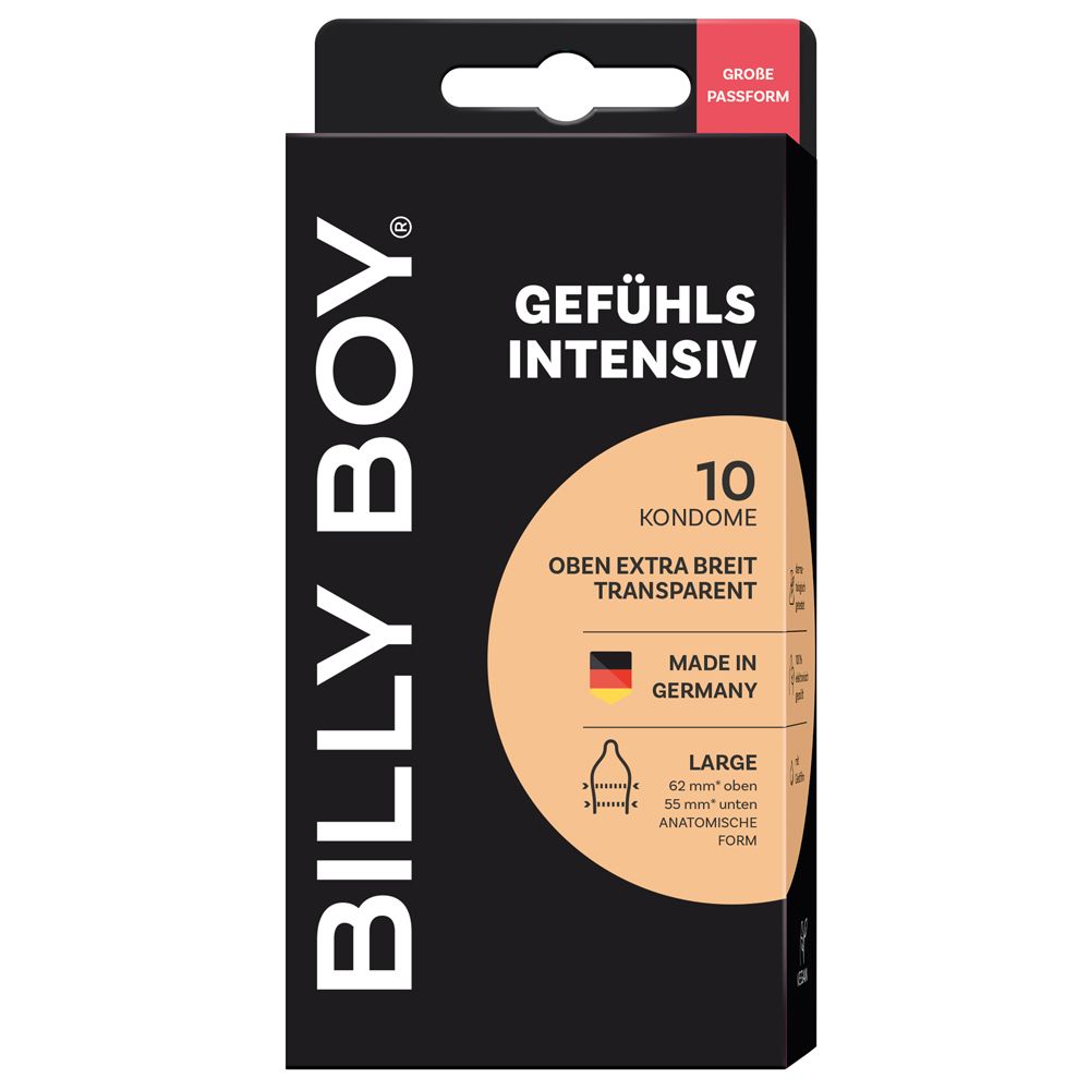 Billy Boy Condoms Gefühlsintensiv, 10 stuks, extra breed, anatomische vorm, Made in Germany.