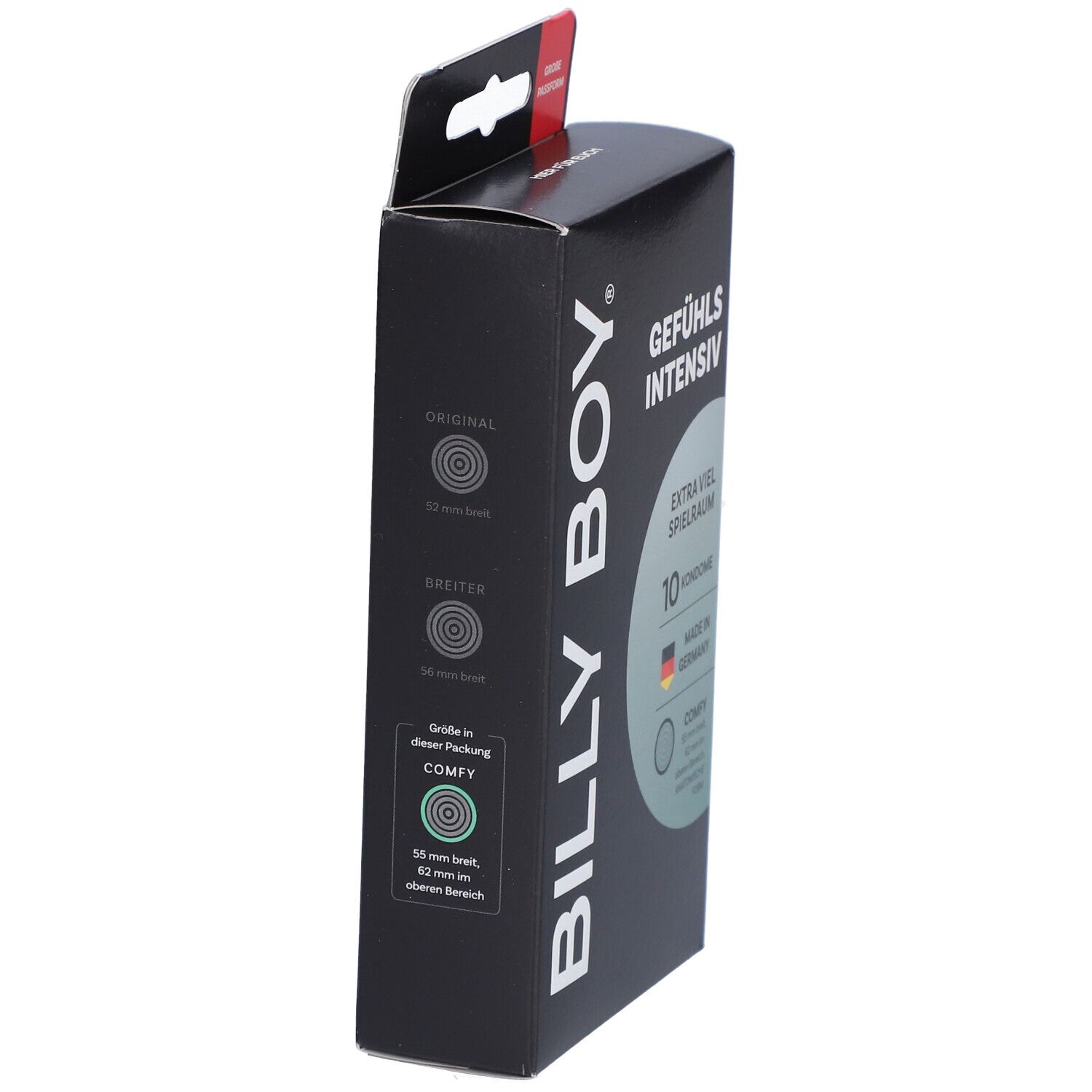 Billy Boy Condoms Gefühlsintensiv, zijaanzicht met maten: Original 52mm, Breder 56mm, Comfy 62mm.