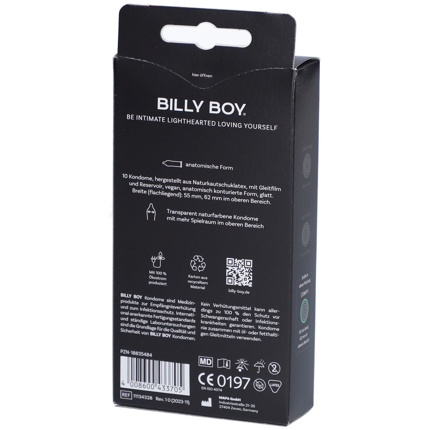 Achterkant Billy Boy Condoms Gefühlsintensiv: 10 condooms, anatomische vorm, Made in Germany, CE 0197.