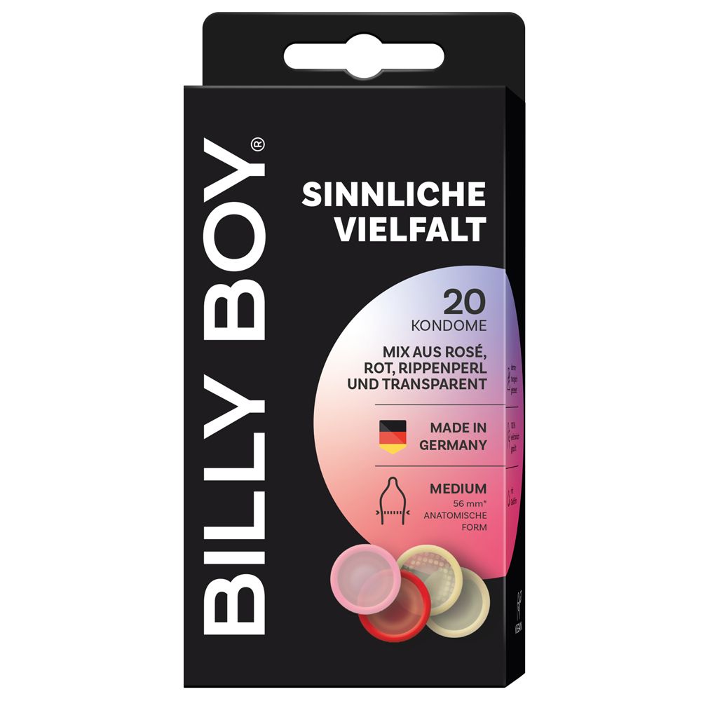 Boîte de 20 préservatifs Billy Boy : Mix rosé, rouge, perlé nervuré et transparent. Fabriqué en Allemagne.
