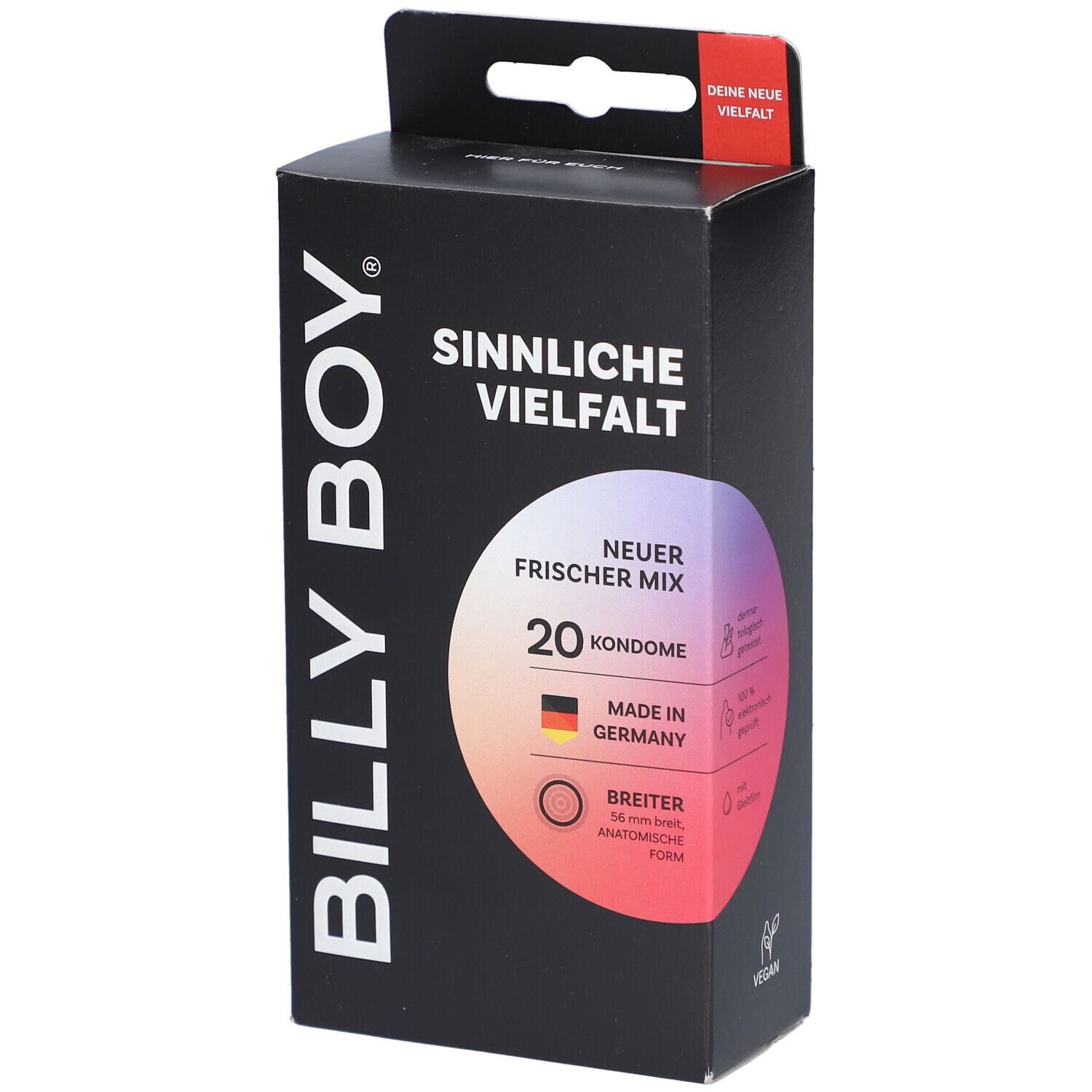 Boîte de préservatifs Billy Boy, 20 pièces, "Nouveau Mix Fraîcheur", forme anatomique, fabriqué en Allemagne.