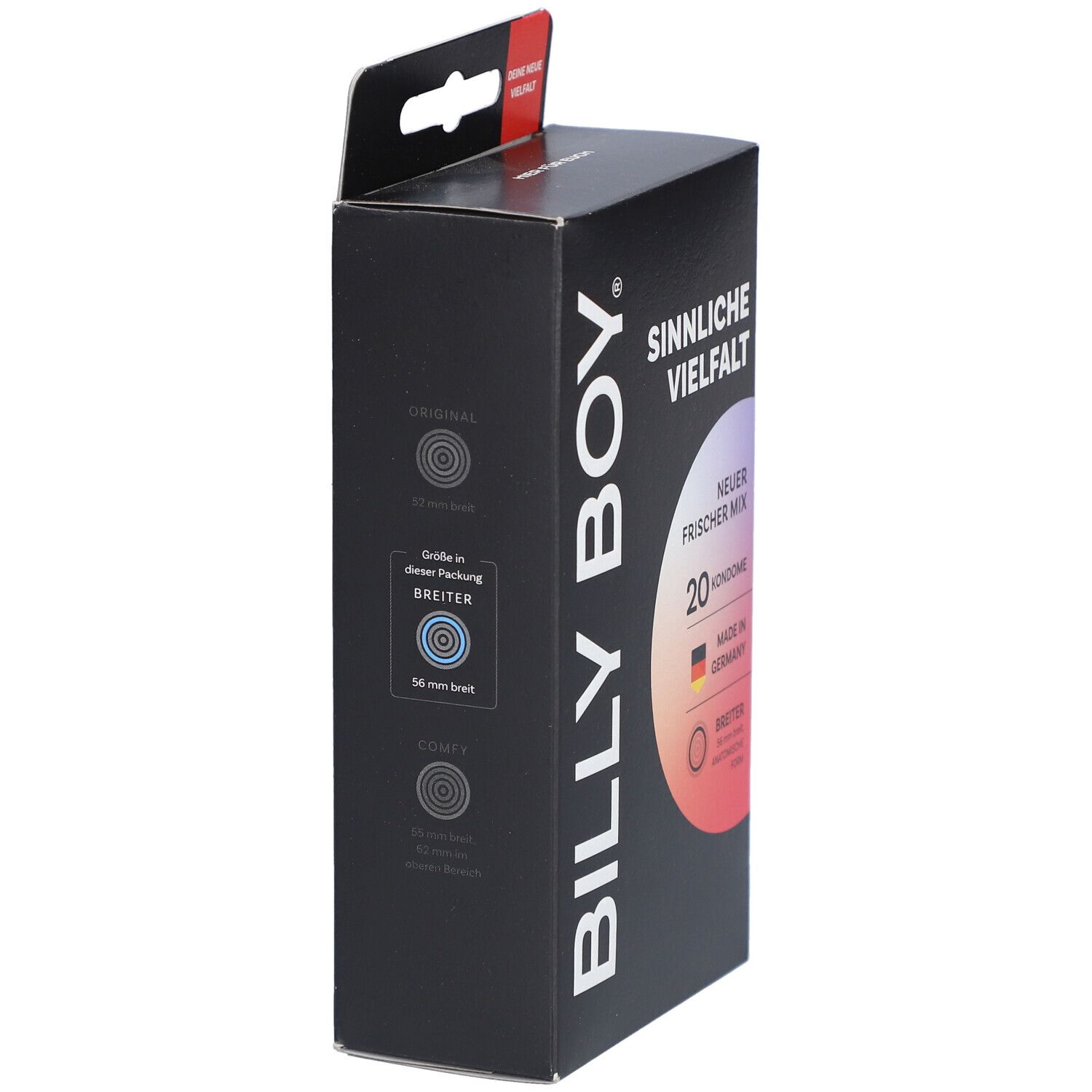Boîte Billy Boy de 20 préservatifs, "Sinnliche Vielfalt", largeur 56 mm.