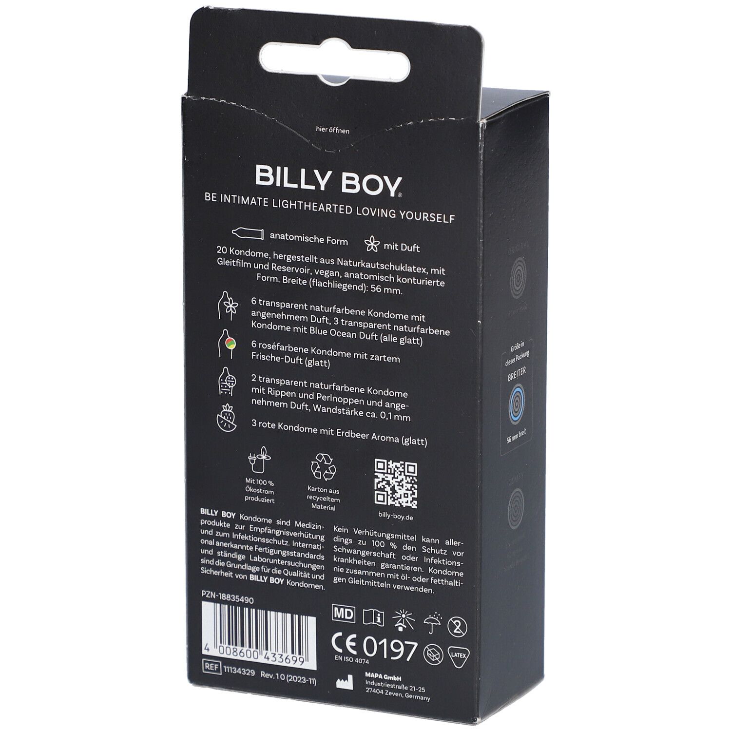 Boîte de 20 préservatifs Billy Boy: anatomiques, vegan, parfumés (3x Blue Ocean, 6x Fraîcheur, 2x Nervures/Perles, 3x Arôme Fraise). Largeur 56mm.