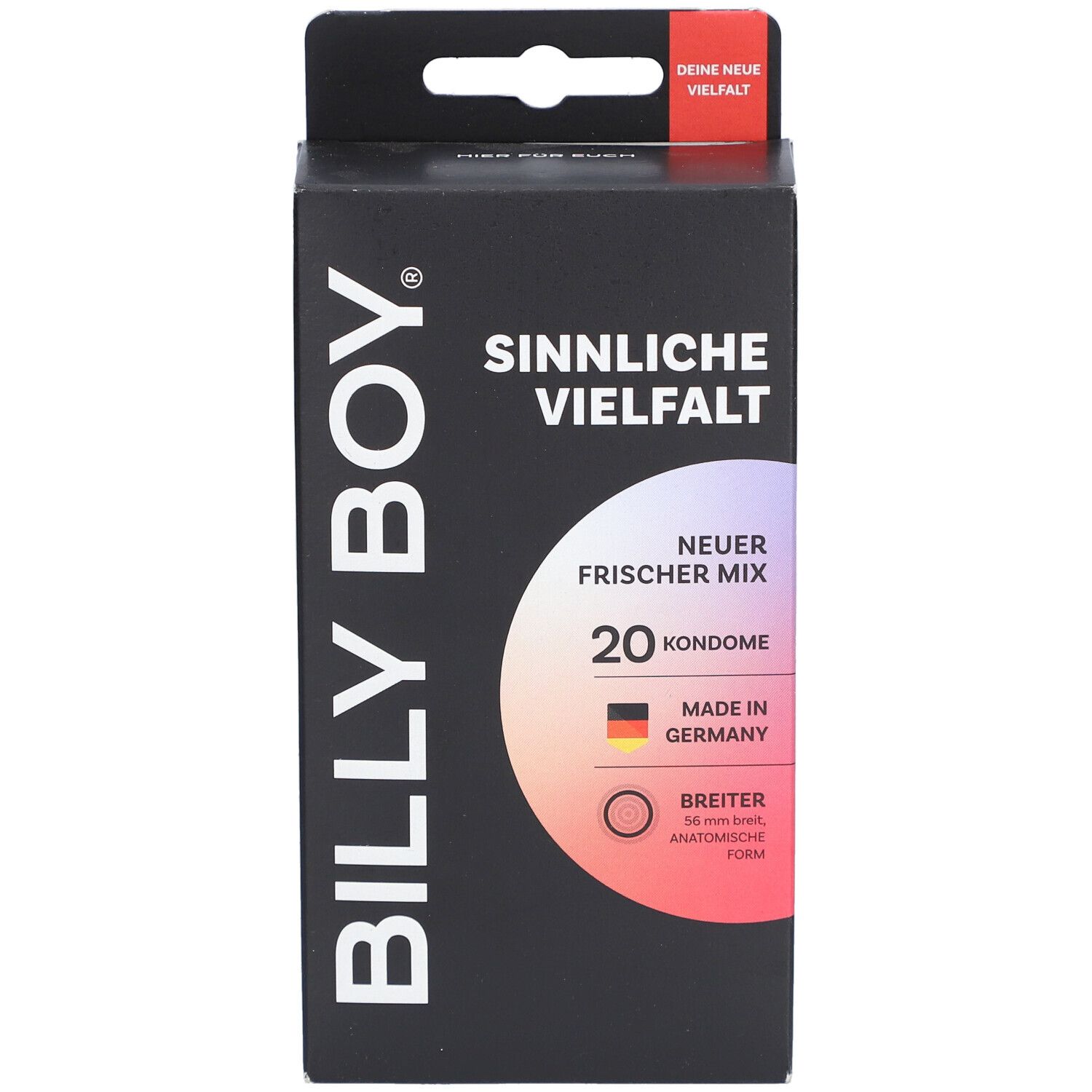 Boîte de 20 préservatifs Billy Boy, mention "Sinnliche Vielfalt" et "Neuer Frischer Mix", Fabriqué en Allemagne.