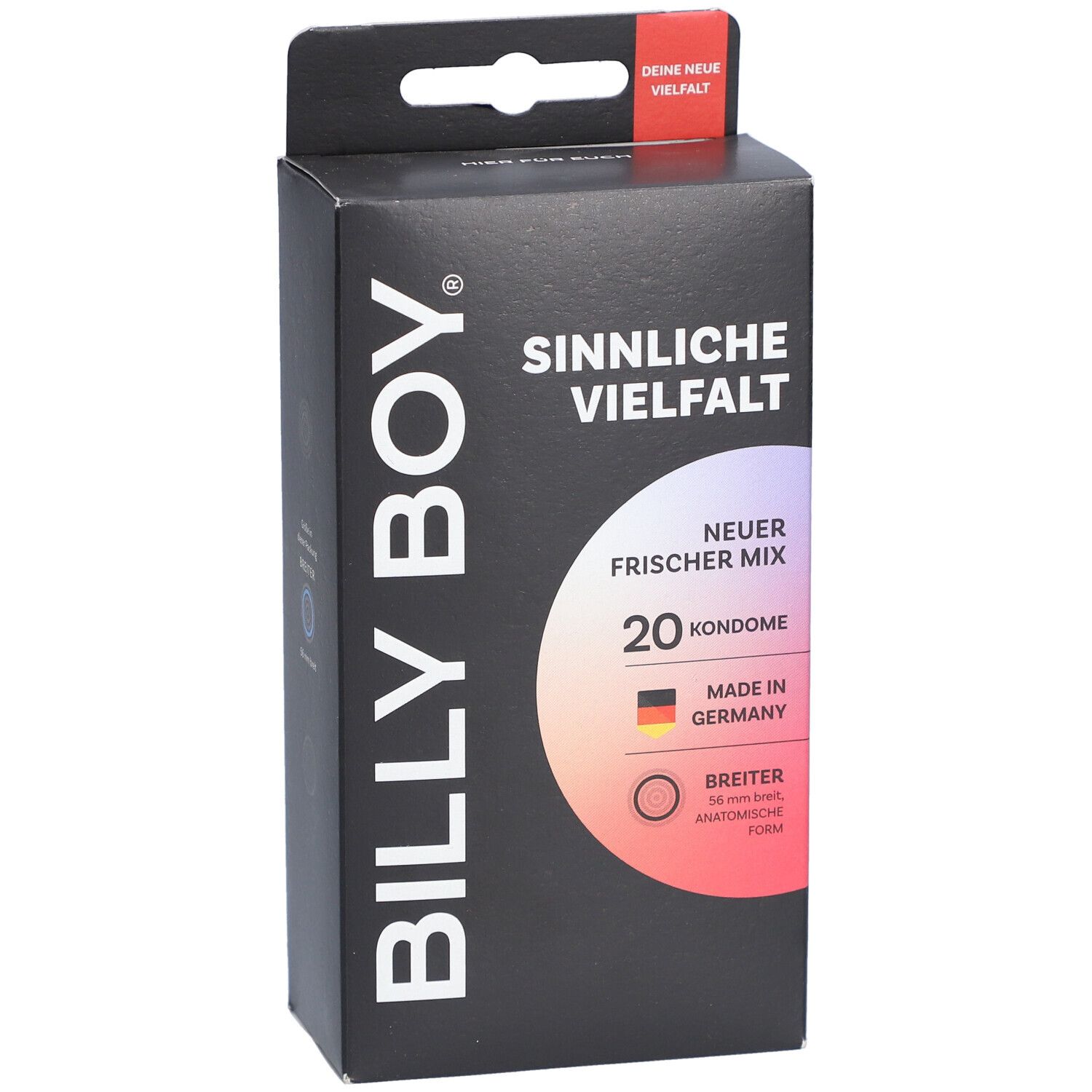 Boîte de 20 préservatifs Billy Boy, inscription "Sinnliche Vielfalt" et "Neuer Frischer Mix", Fabriqué en Allemagne.