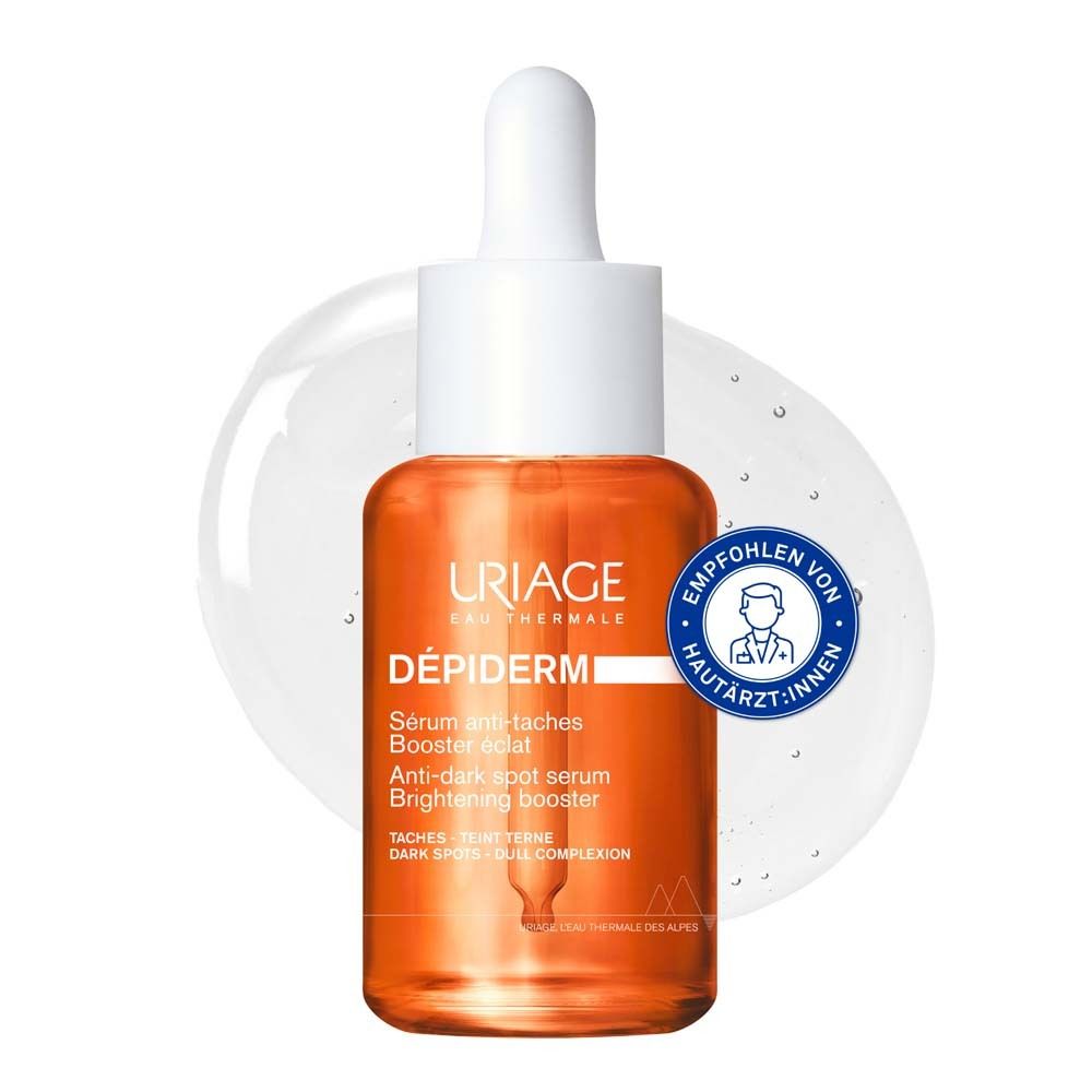 Flacon de sérum avec pipette. Inscription: URIAGE DÉPIDERM. Recommandé par les dermatologues.