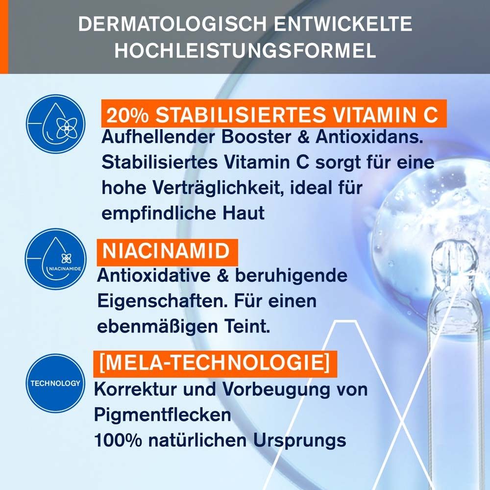 Infographie avec ingrédients. 20% vitamine C stabilisée. Niacinamide. Technologie Mela.