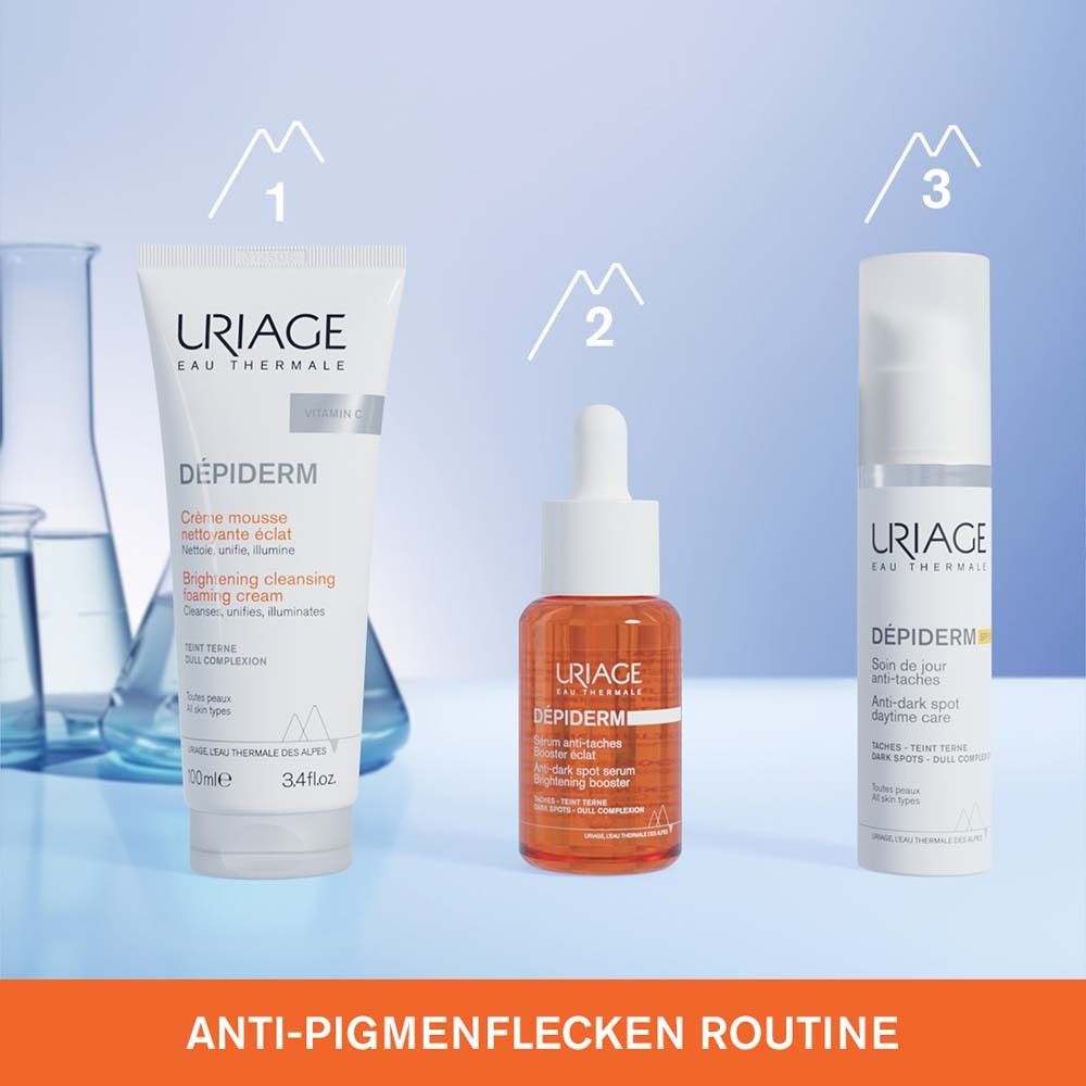 Trois produits: mousse nettoyante, sérum, soin de jour. URIAGE DÉPIDERM. Routine anti-taches.