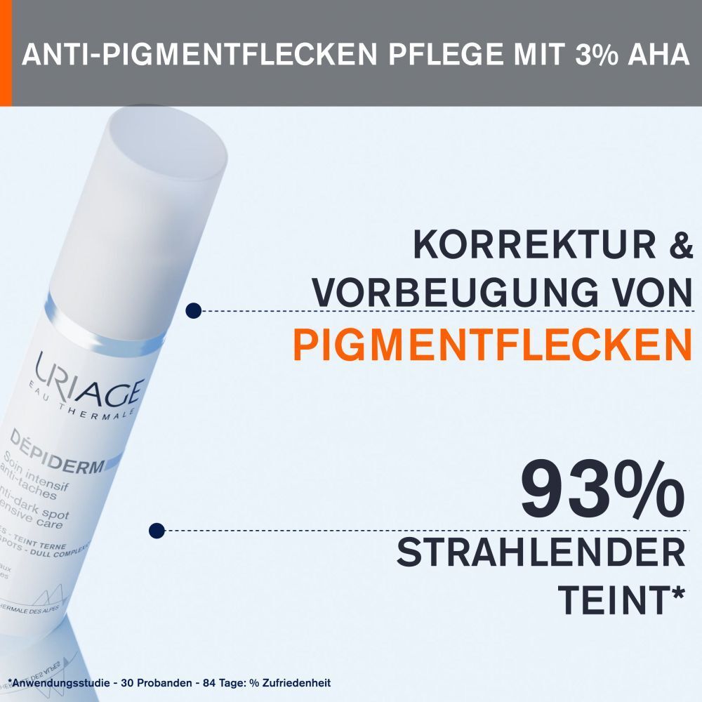 URIAGE DÉPIDERM Soin anti-taches. Texte: Correction & prévention des taches. 93% teint éclatant.