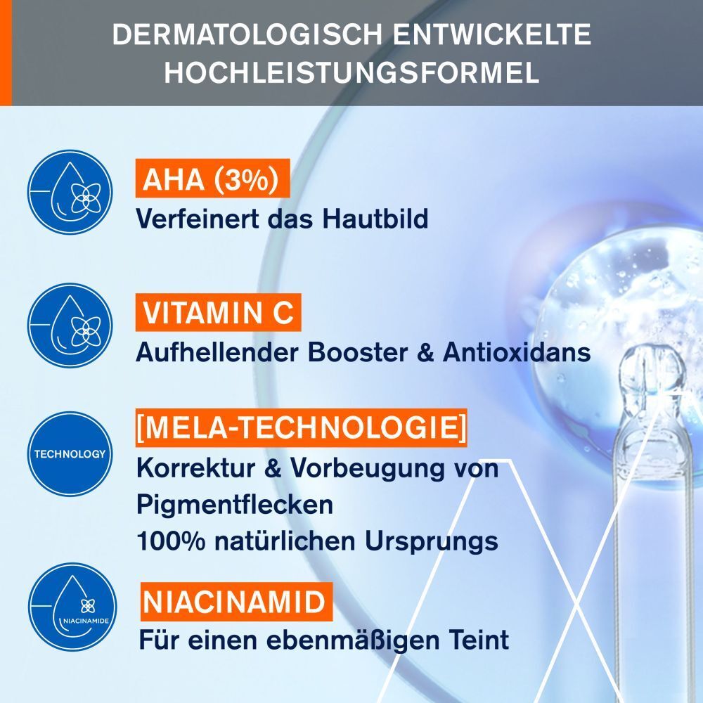 Formule haute performance développée par des dermatologues. AHA, Vitamine C, Mela-Technologie, Niacinamide. Teint uniforme.