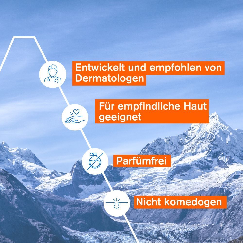 Développé par des dermatologues. Convient aux peaux sensibles. Sans parfum. Non comédogène. Paysage montagneux.