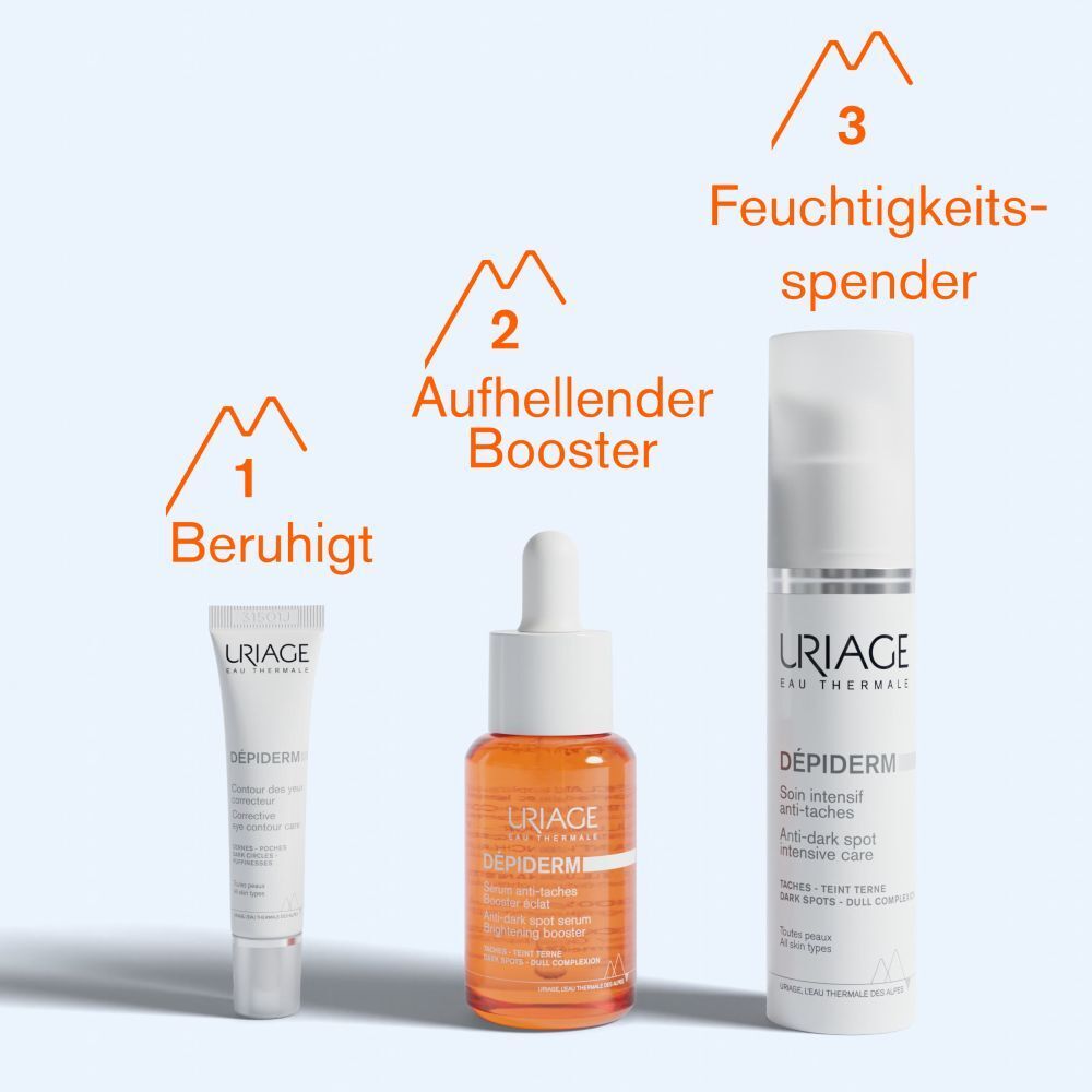 Trois produits: Apaise, Booster éclaircissant, Hydratant. Produits URIAGE DÉPIDERM.