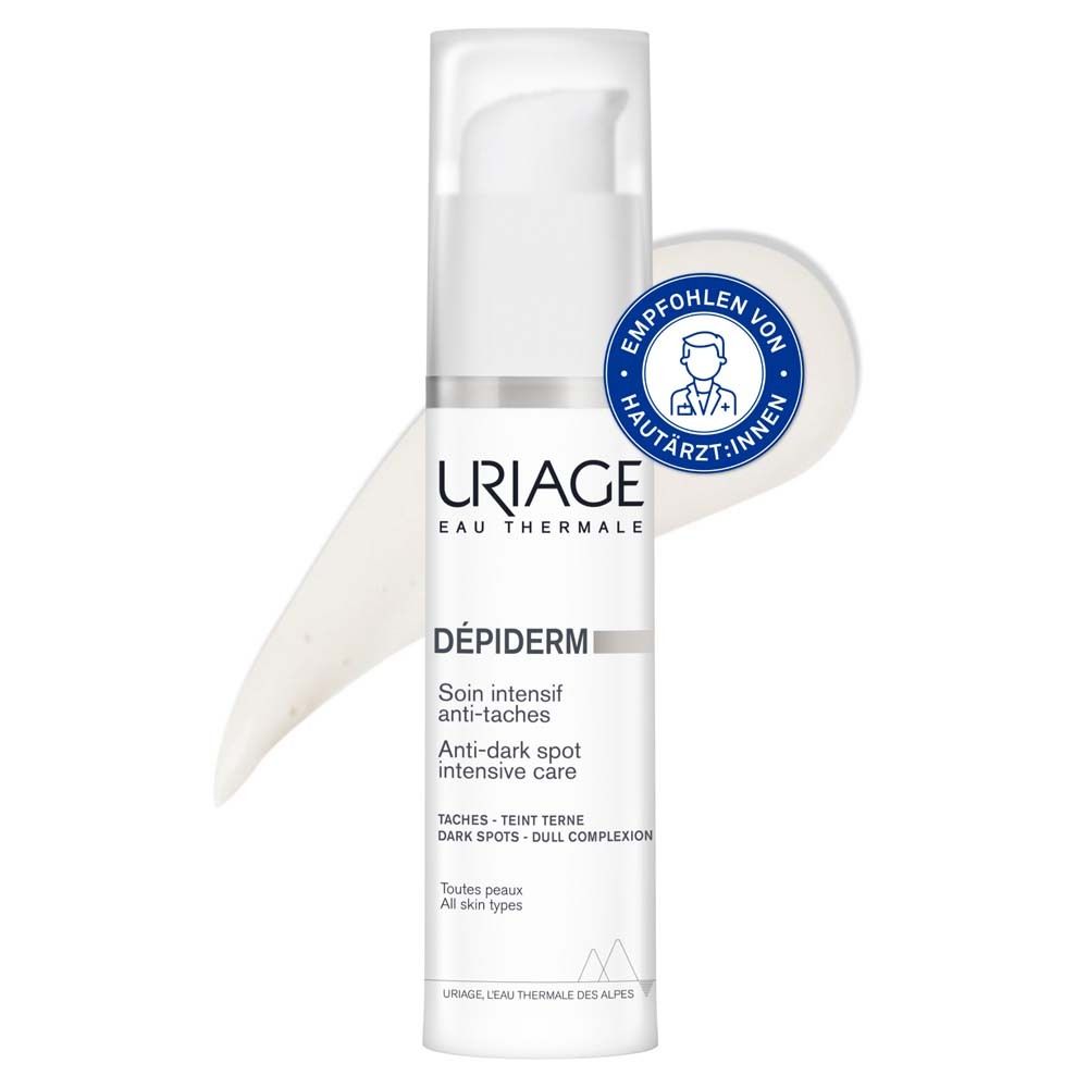 URIAGE DÉPIDERM Soin intensif anti-taches. Flacon blanc. Recommandé par les dermatologues. Application crème.