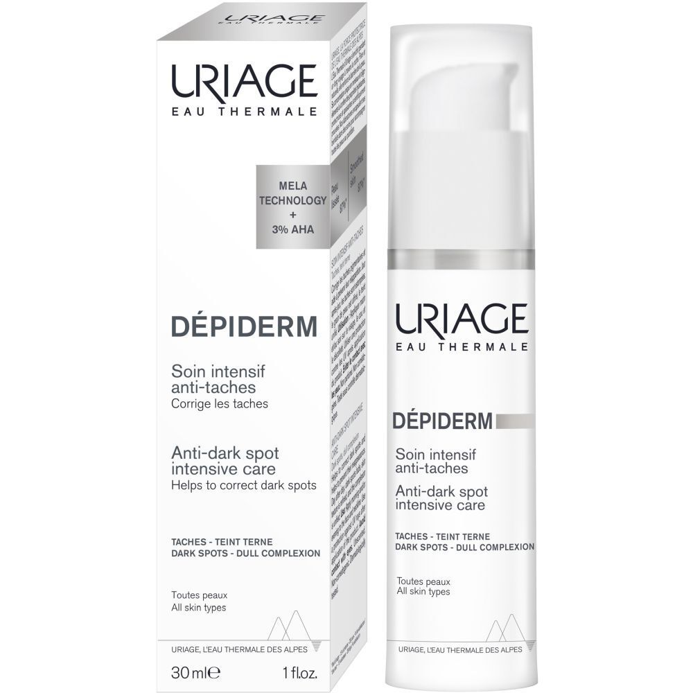 URIAGE DÉPIDERM Soin intensif anti-taches. Produit et emballage. 30ml. 1 fl.oz. Avec Mela-Technologie.