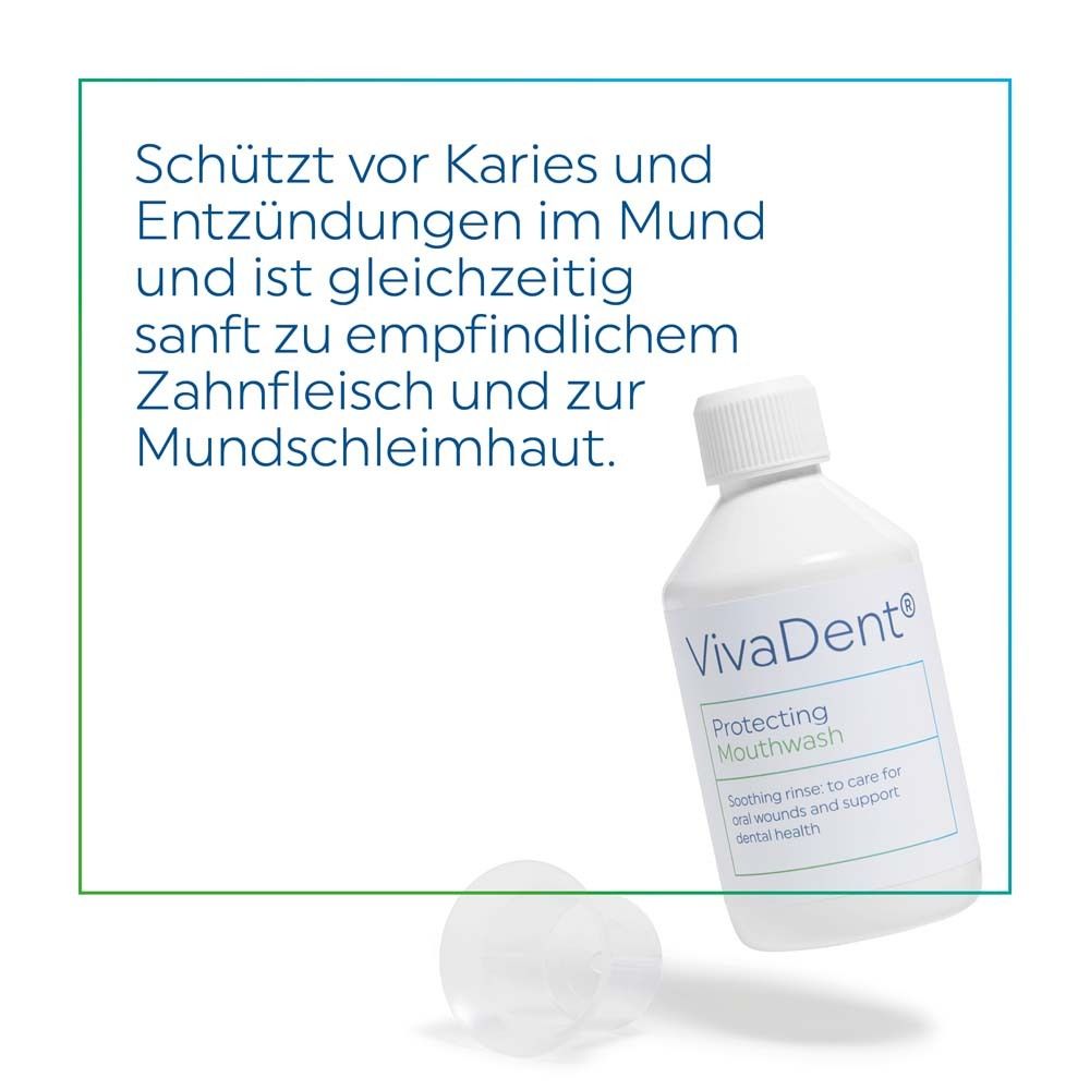 Witte fles VivaDent Protecting Mouthwash met dop en maatbeker. Tekst op groene achtergrond.