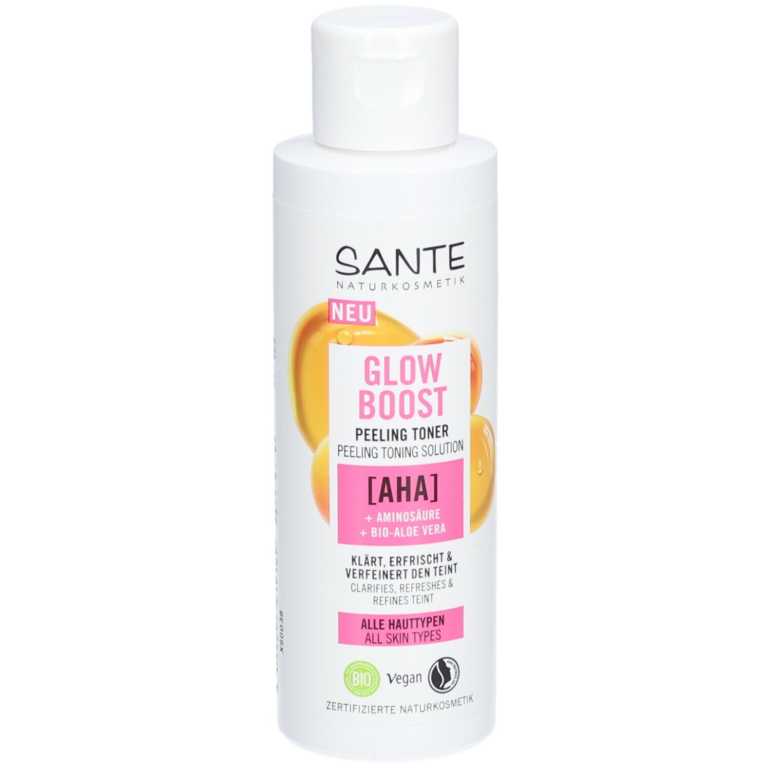Witte fles met SANTE-logo en productnaam GLOW BOOST PEELING TONER. Bevat AHA, aminozuren en bio-aloë vera.