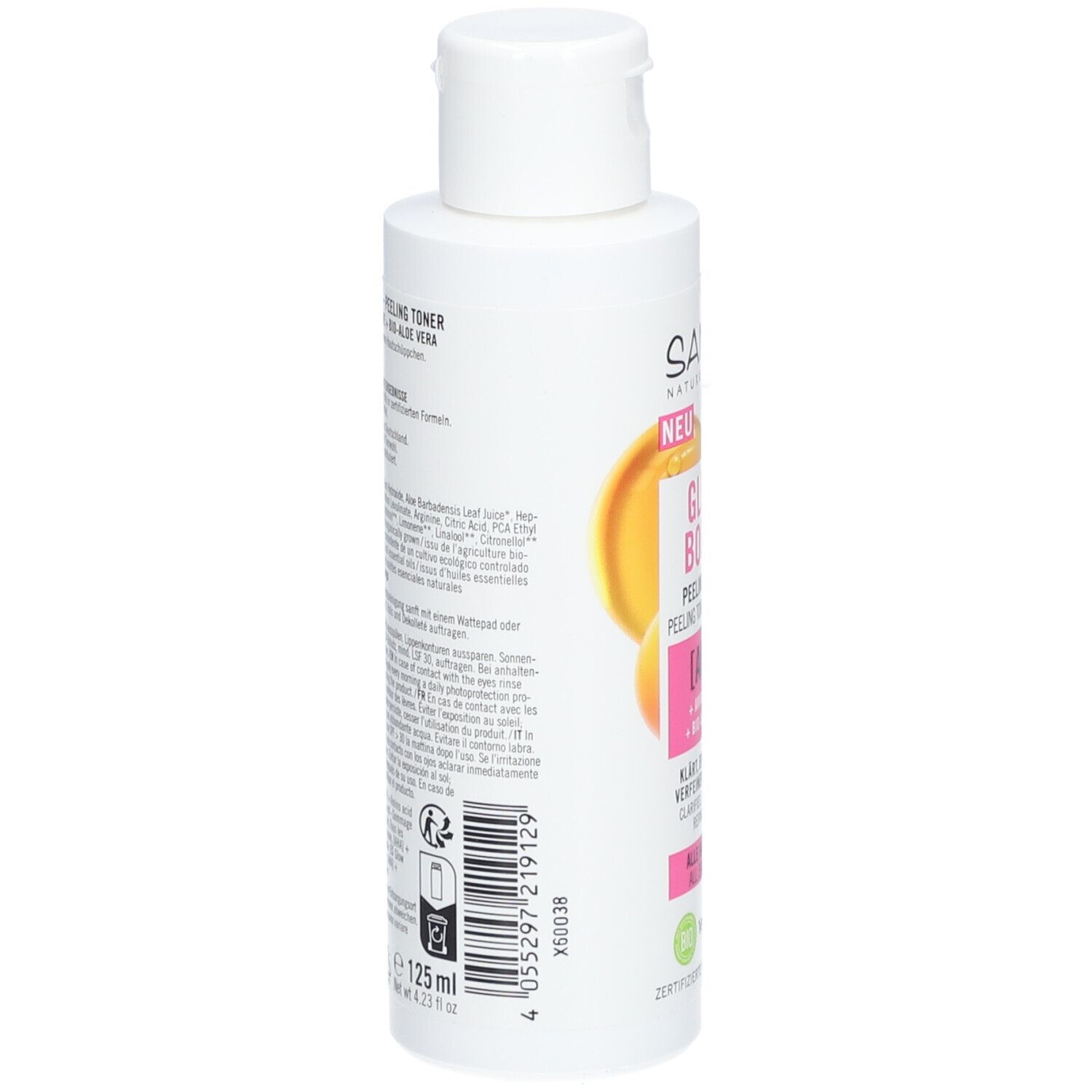 Witte fles met productinformatie. Achterkant met tekst, ingrediënten en certificeringen. 125 ml.