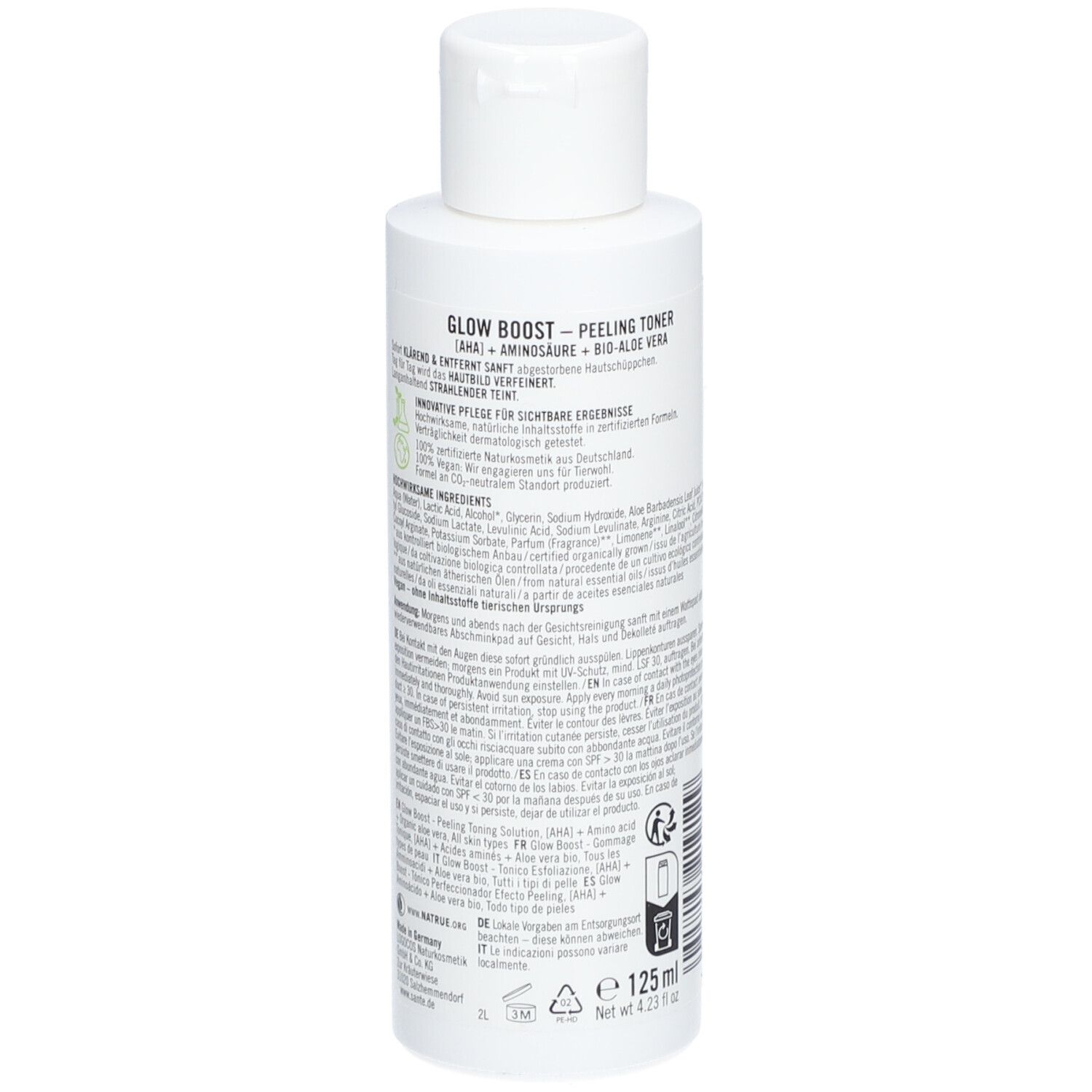 Witte fles met productinformatie. Achterkant met tekst, ingrediënten en certificeringen. 125 ml.