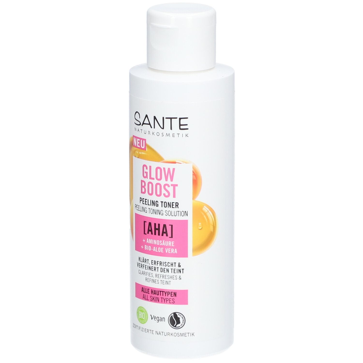 Witte fles met SANTE-logo en productnaam GLOW BOOST PEELING TONER. Bevat AHA, aminozuren en bio-aloë vera.