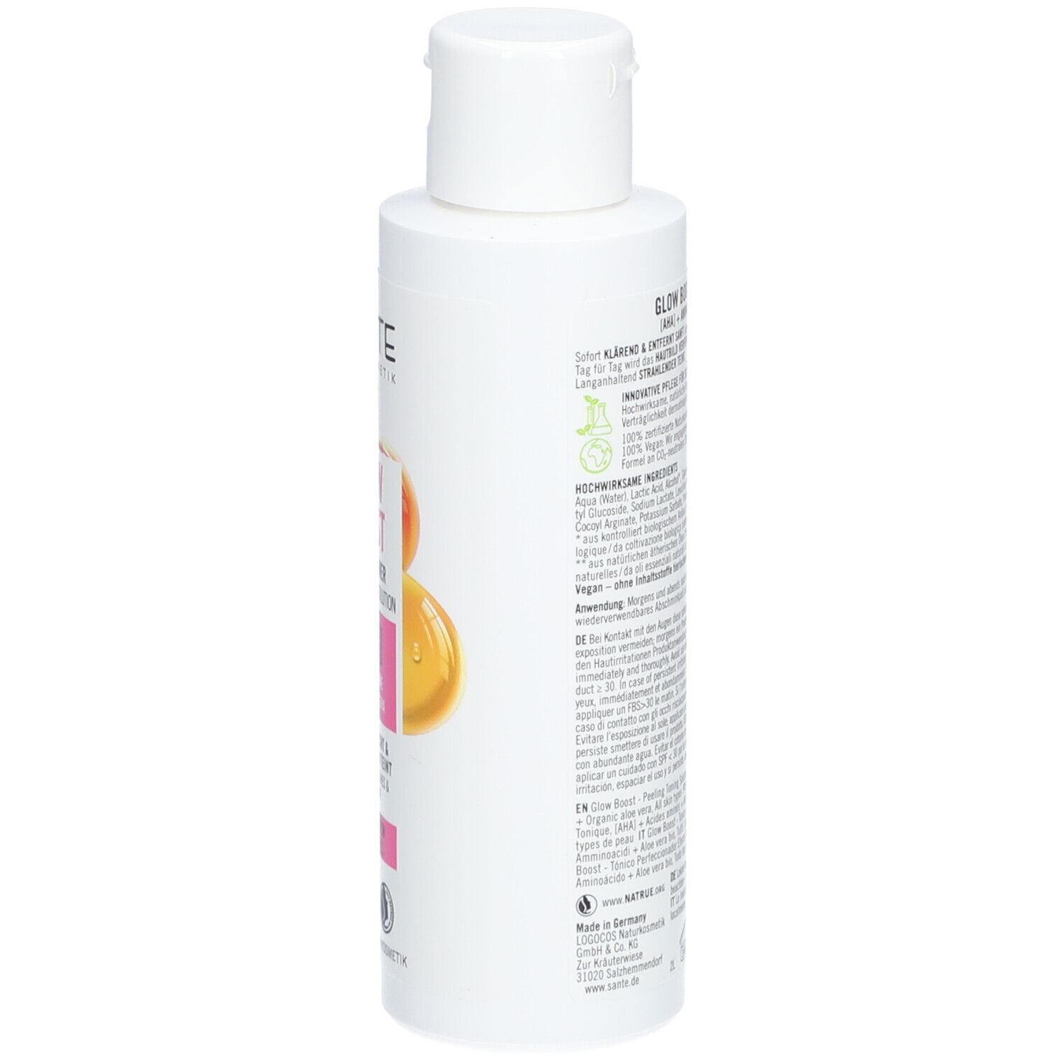Witte fles met productinformatie. Achterkant met tekst, ingrediënten en certificeringen.