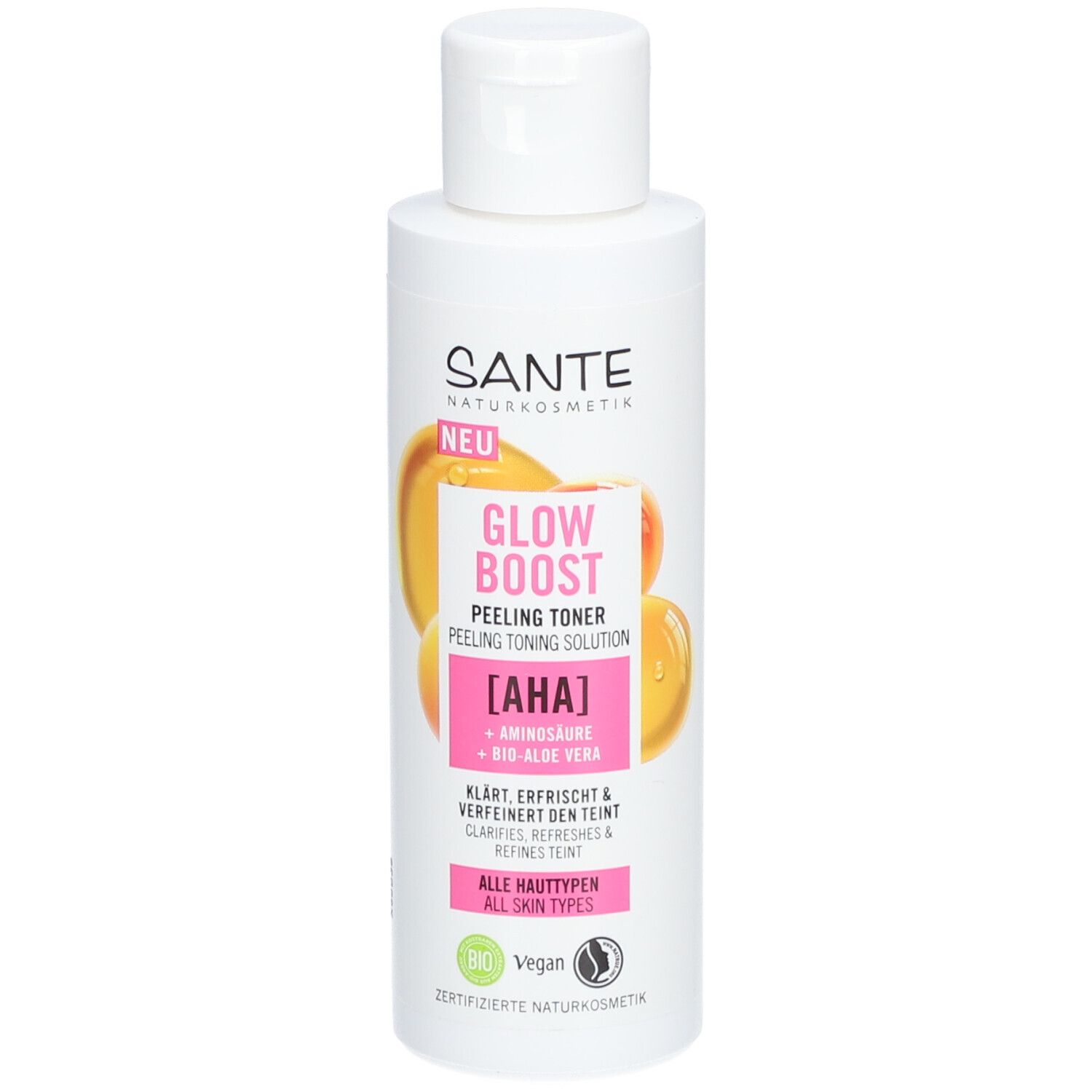 Witte fles met SANTE-logo en productnaam GLOW BOOST PEELING TONER. Bevat AHA, aminozuren en bio-aloë vera.