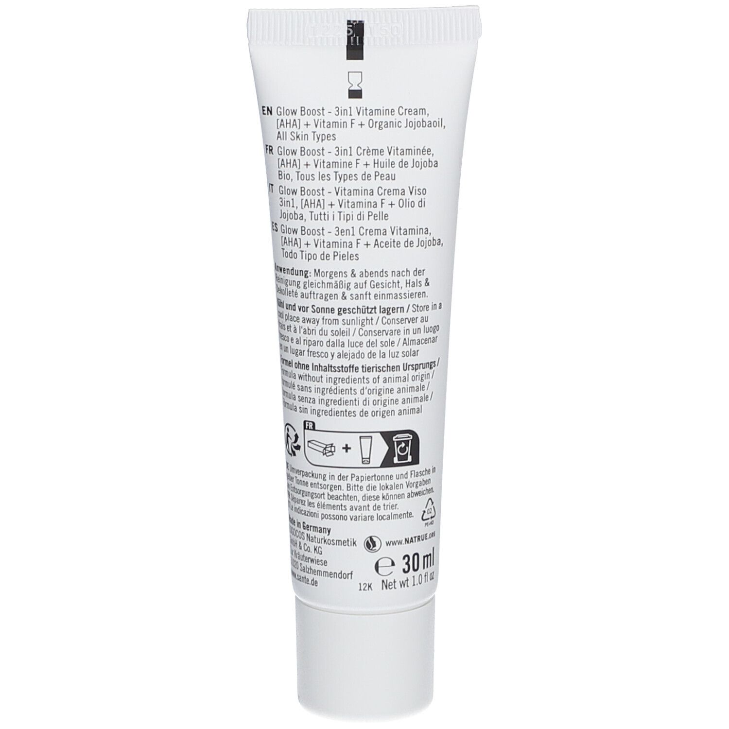 Dos du tube de crème SANTE GLOW BOOST. Texte multilingue. Contient 30 ml. Label Vegan. Informations sur l'origine des ingrédients.