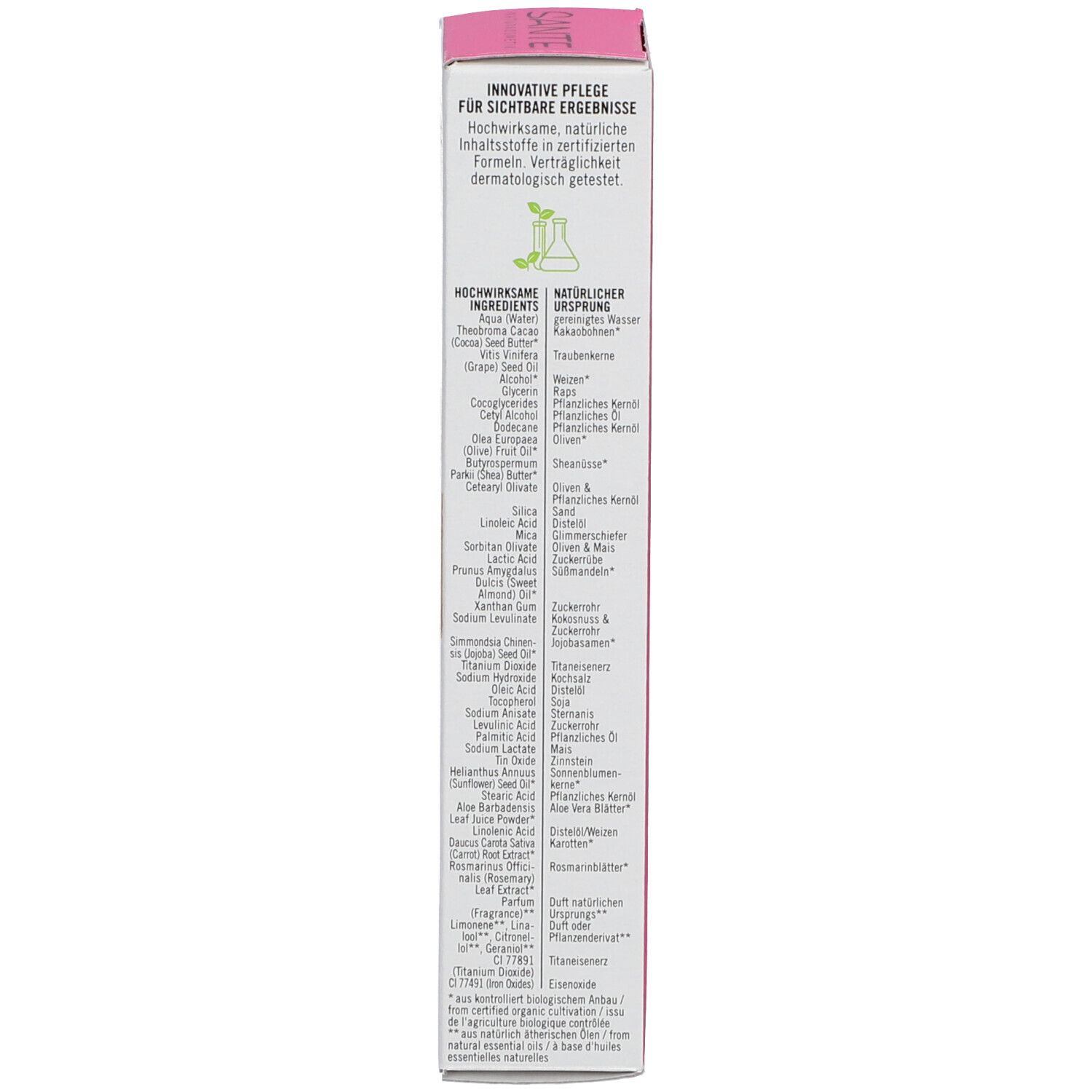 Côté de l'emballage de la crème SANTE GLOW BOOST. Liste des ingrédients. Testé dermatologiquement.