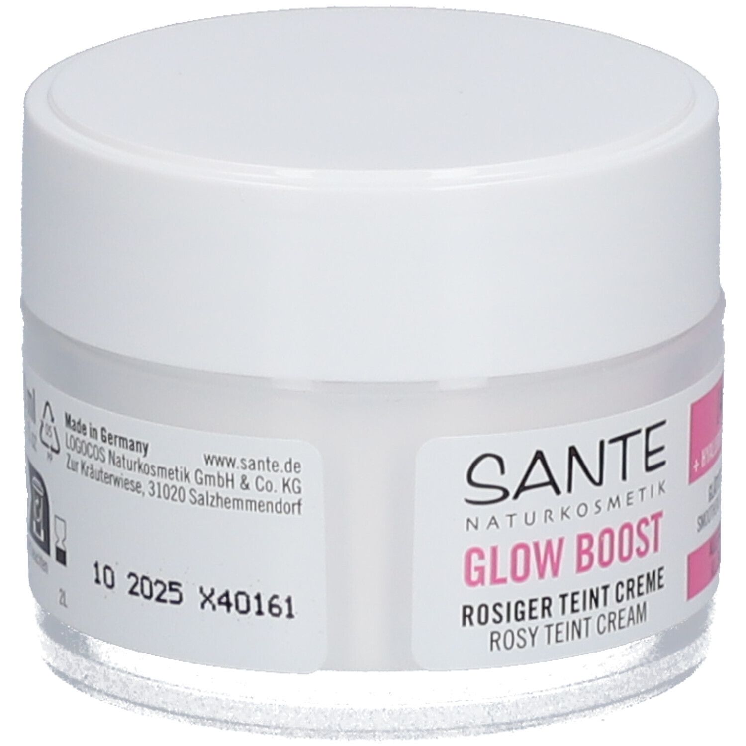 Crèmepot met witte deksel. Sticker met tekst: SANTE, GLOW BOOST, ROSIGER TEINT CREME. Gemaakt in Duitsland. Houdbaarheid: 10 2025.