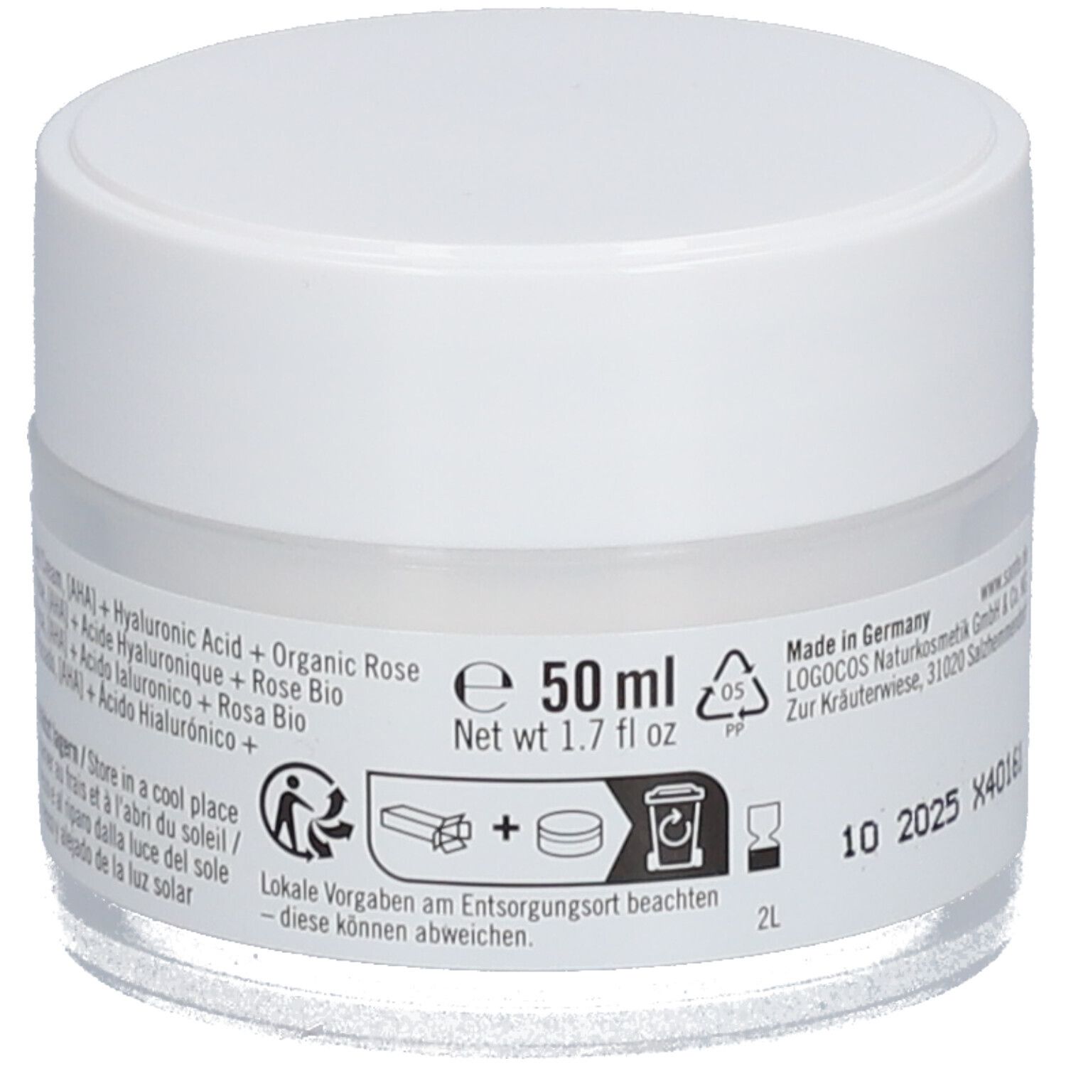 Crèmepot met witte deksel. Sticker met tekst: SANTE, GLOW BOOST, ROSIGER TEINT CREME. Inhoud: 50 ml. Met afvalinstructies.