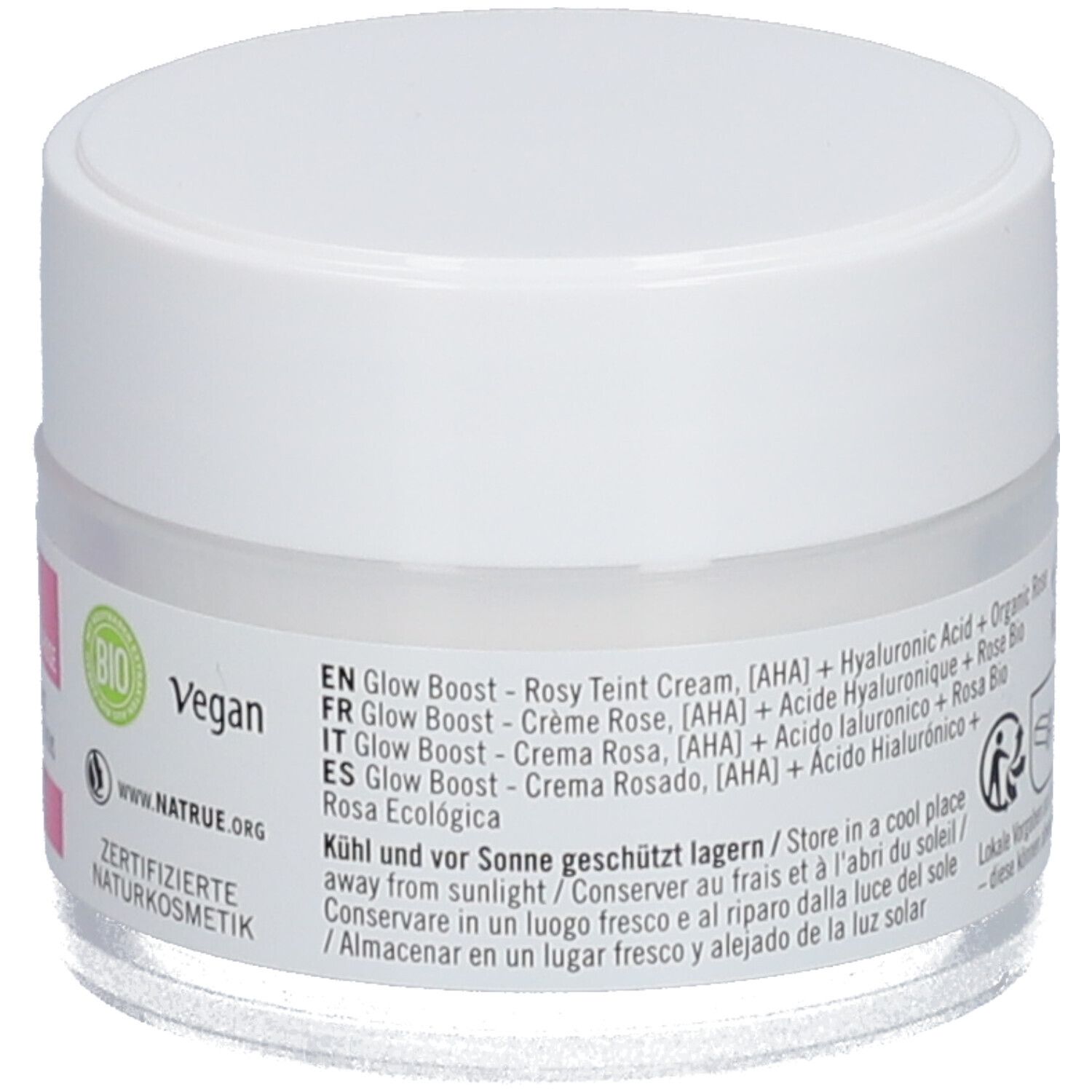 Crèmepot met witte deksel. Sticker met tekst: SANTE, GLOW BOOST, ROSIGER TEINT CREME. Bevat AHA, Hyaluron, Bio-Roos. Vegan.